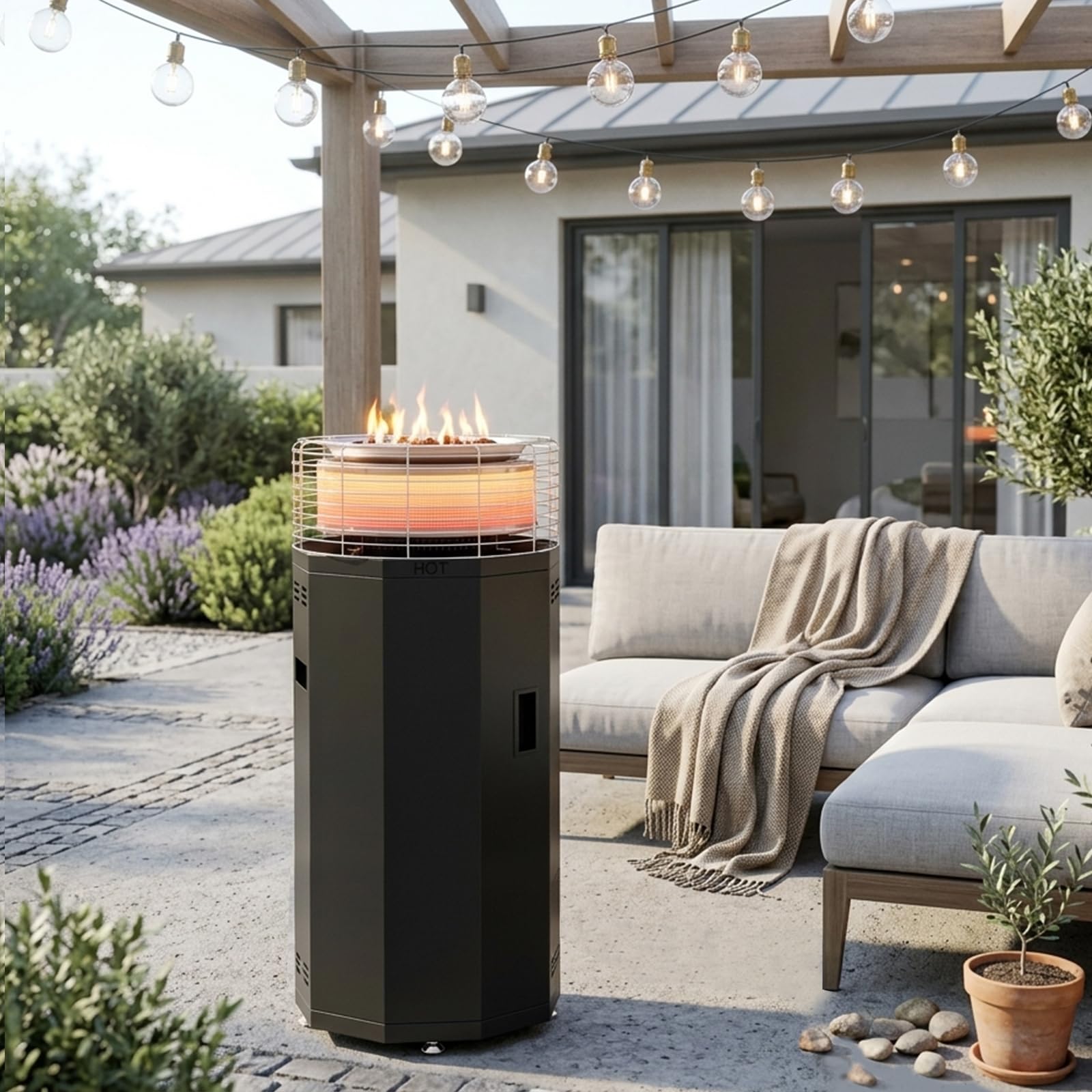 3-in-1 16kW Tragbarer Heizpilz Gas & Feuerrohr für Terrasse – Propangas Terrassenheizer & Feuersäule mit 3 Modi (Flamme/Wärme/Beides) - rauchfrei, Piezo-Zündung - Regler & Schlauch