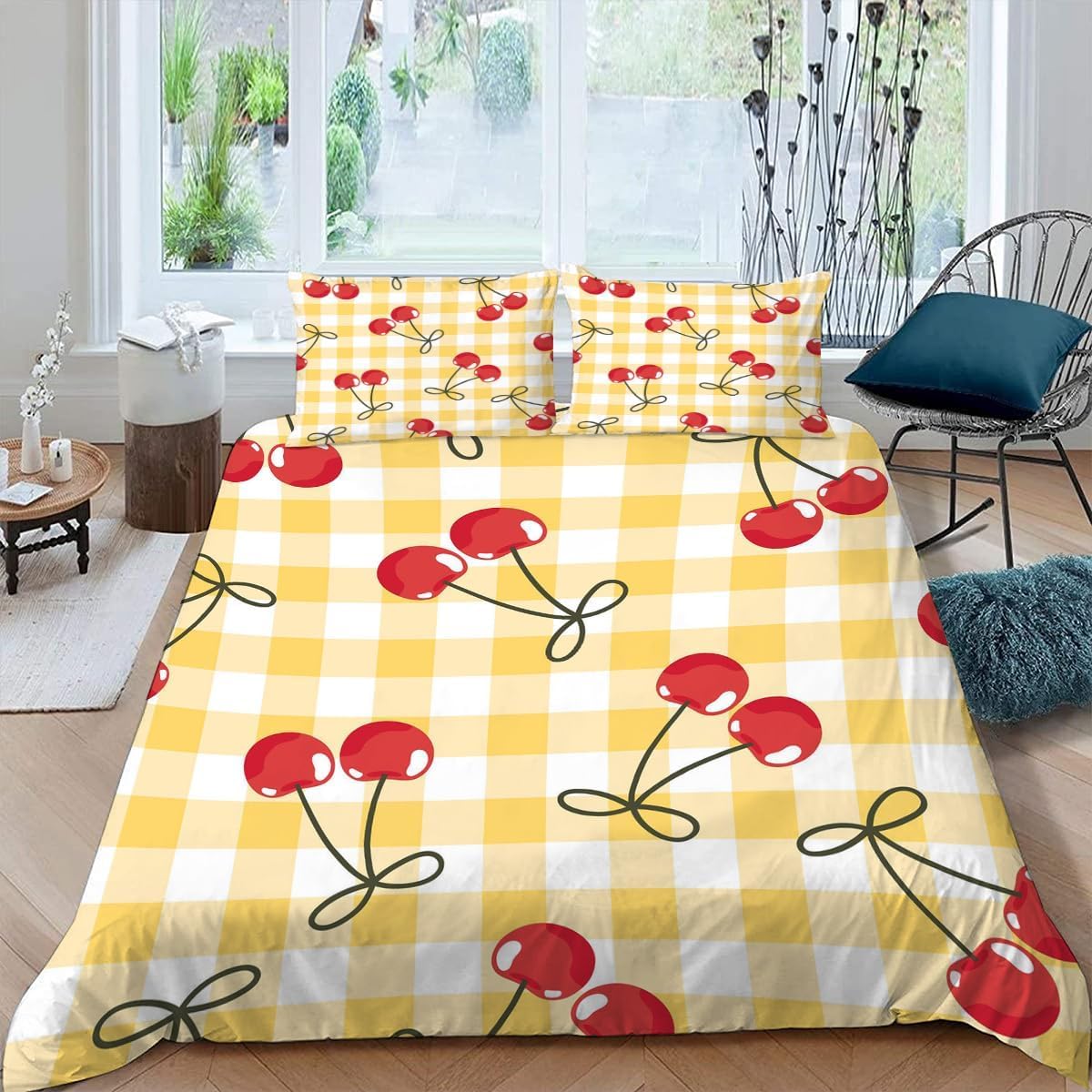 Housse de couette douce en microfibre 240 x 220 parure imprimée cerisiers rouges 3D