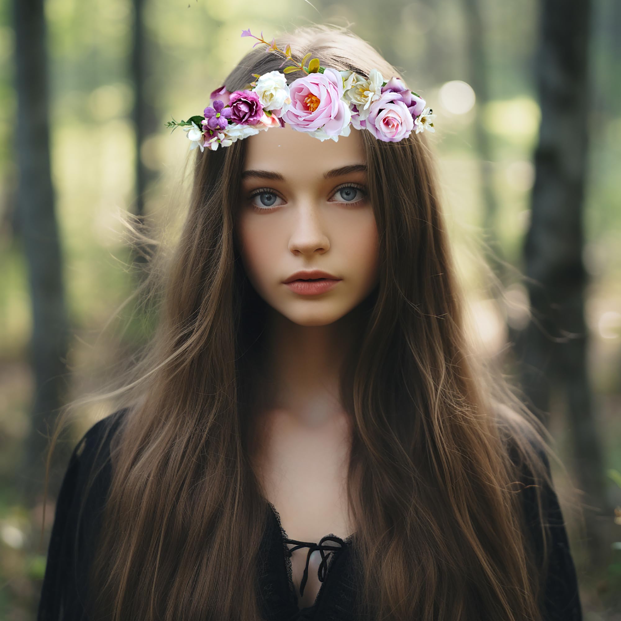 Verstellbares Haarband mit Blumenkranz und Schleife von Vivivalue, Blumenkrone, Boho-Stil - - Einheitsgröße | Haarkranz mit Band für Halloween, Renaissance, Hochzeit, Kostüm, Party, Braut, Cosplay, Abschlussball, Foto