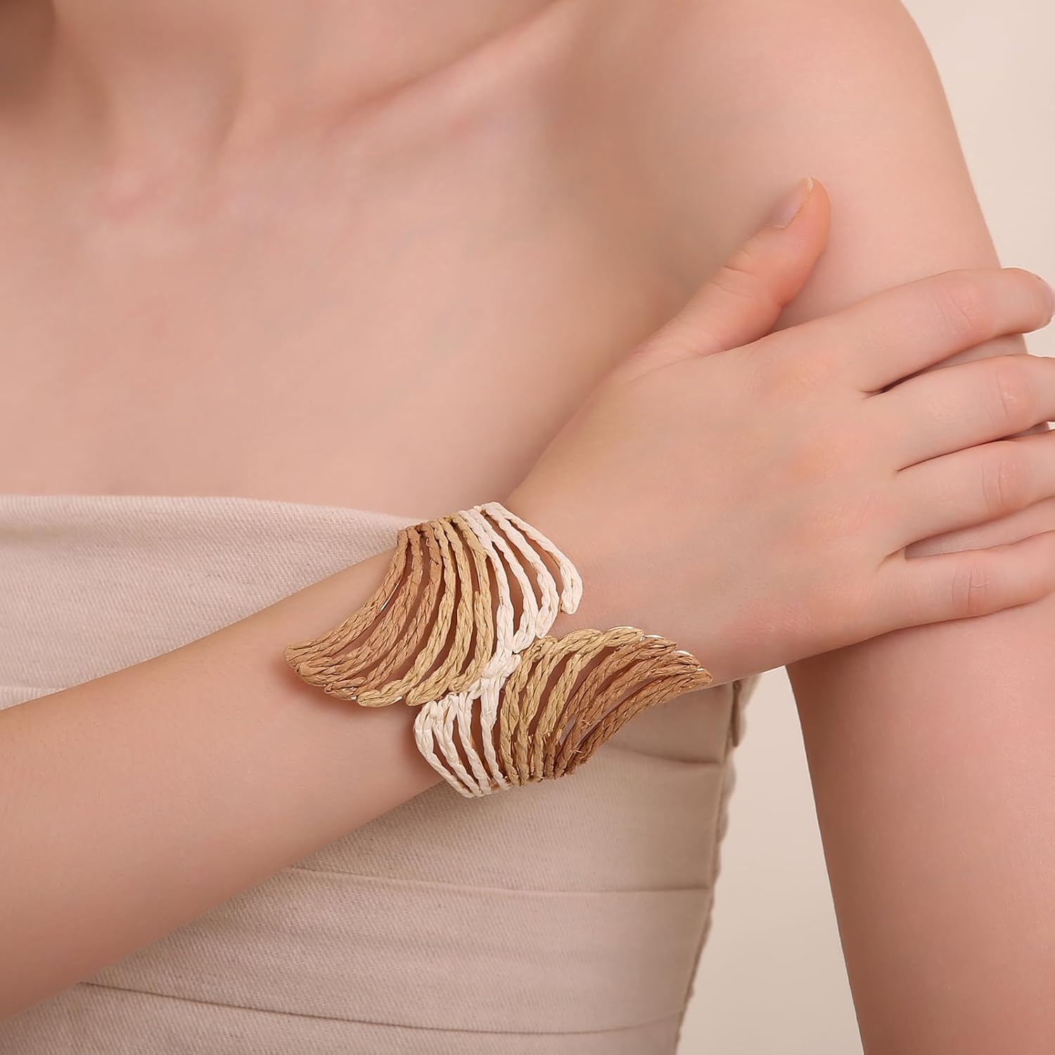 Raffia Wing Cuff Bracelet for Women, Colorful Angel Wing Bangle Wide Chunky Wrist Cuff Bracelet - Image 2