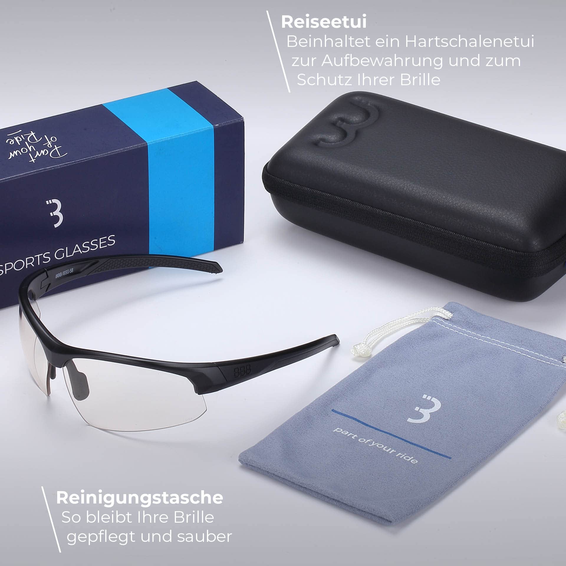 BBB Lunettes de soleil de cyclisme incassables pour VTT et vélo de route avec étui, lunettes de cyclisme photochromiques pour homme et femme, protection UV, Impress, BSG-58PHT, noir mat, taille unique