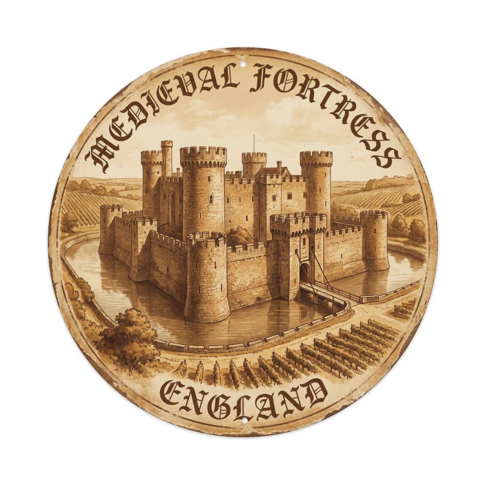 Vintage Travel Medieval Fortress England Metal Tin Sign Plaque Wall Decor for Cafe, Club, Garden Round Metal Poster 8x8Inch