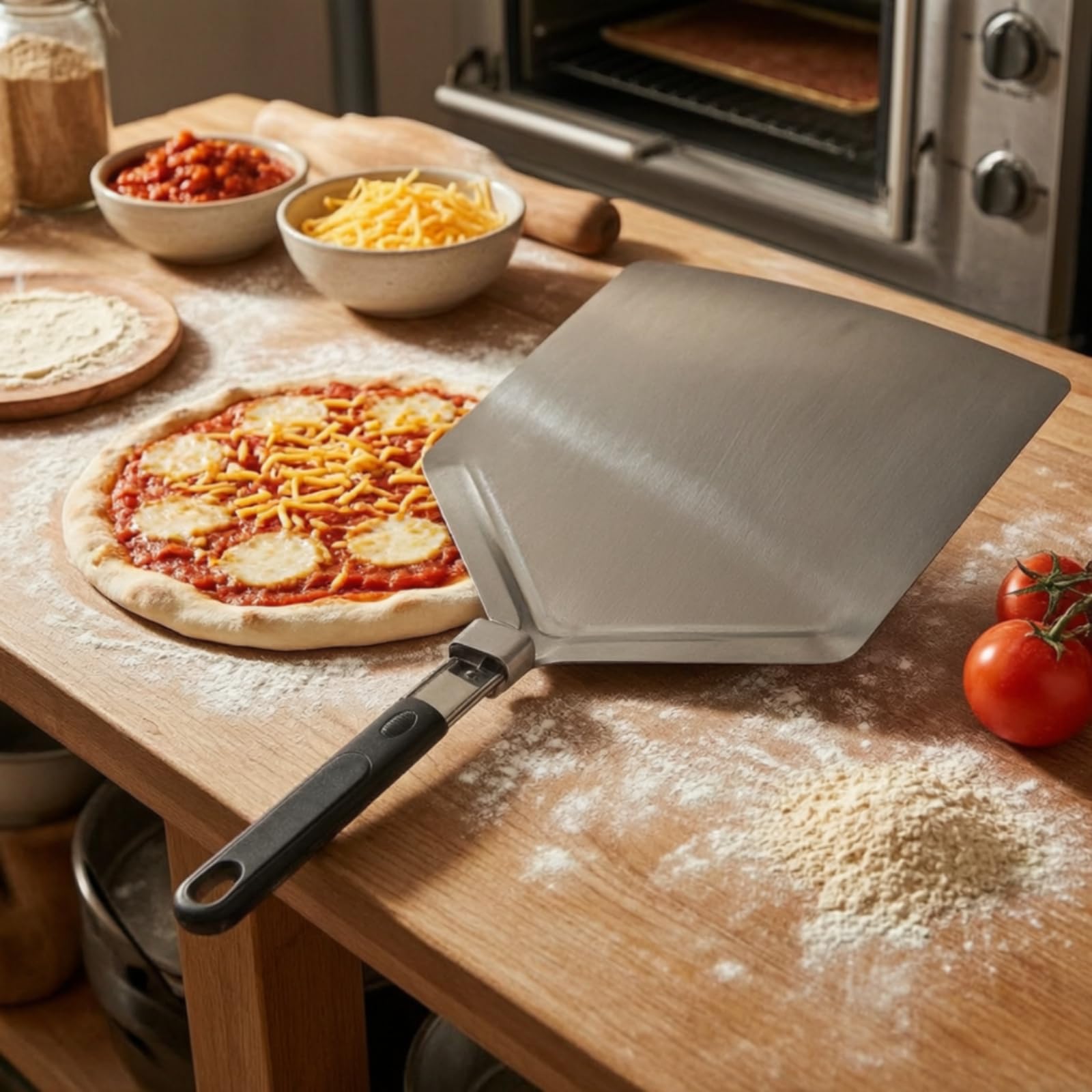 Pala per Pizza Pizza Salvaspazio Utensile Professionale per Pizzaioli, Pizzeria, Pala Per Pizza Quadrata Grande Con Superficie In Acciaio Inossidabile 430 E Manico In Gomma-plastica