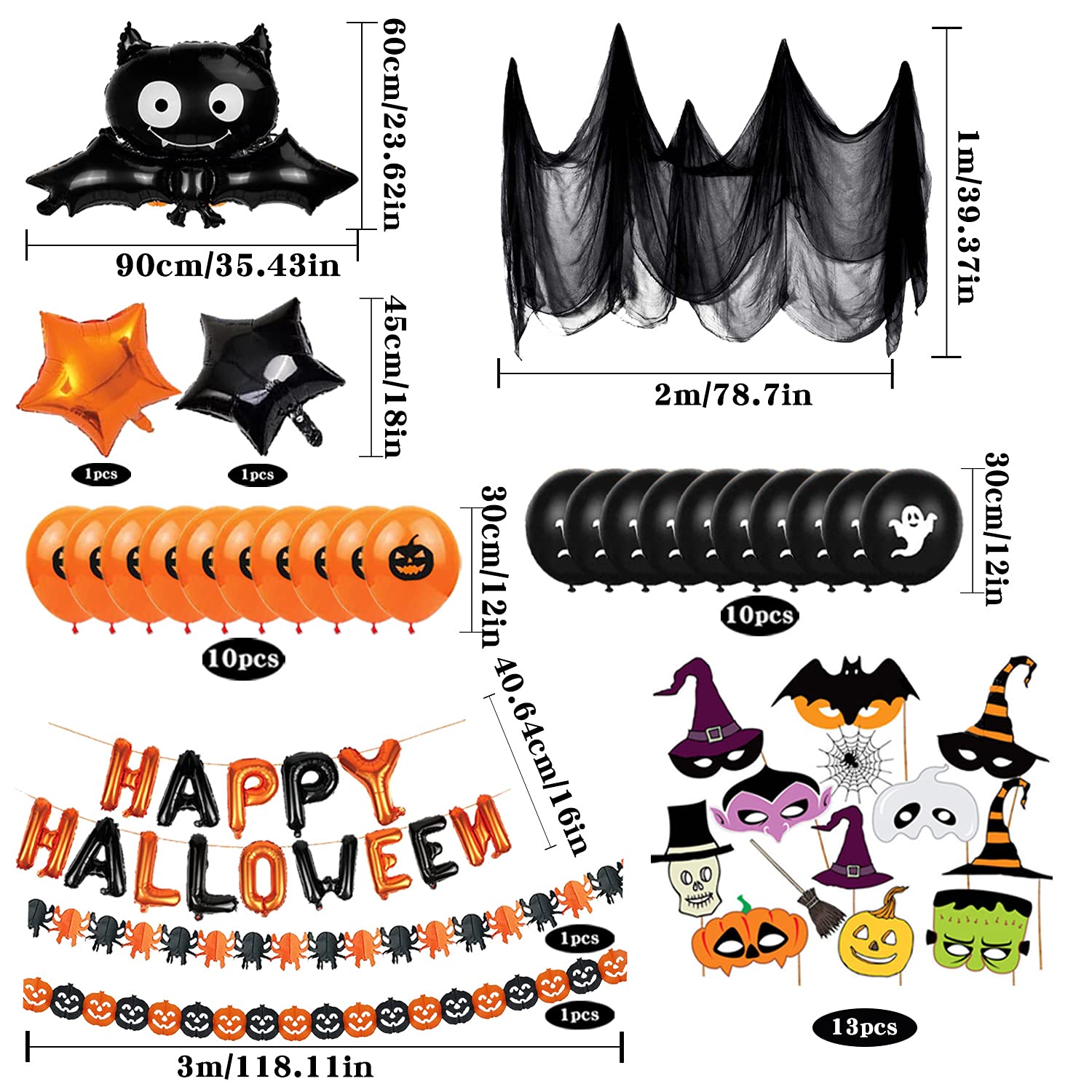 Kit Décoration Halloween Complet – Ballons, Guirlandes, Bannière, Toile D'araignée, Pour Fête Effrayante