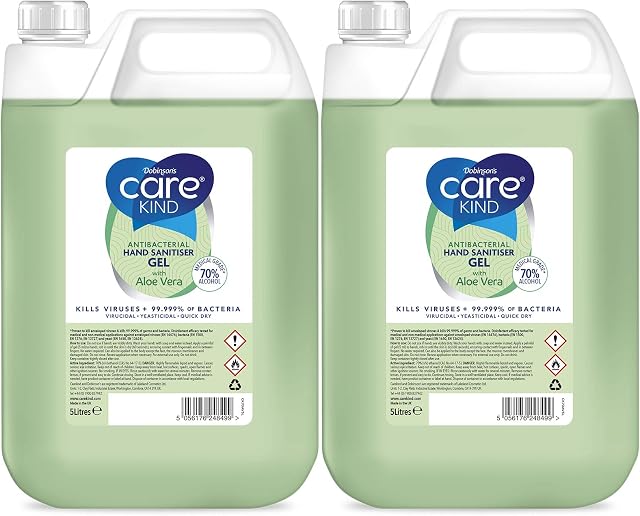 Carekind 70% Hand Sanitiser Gel 5 Litre - with Aloe Vera Extract - Antibacterial Hand sanitizer gel made with Medical Grade Alcohol, Kills Viruses & 99.999% of bacteria. Bulk 5ltr refill (Pack of 2)
