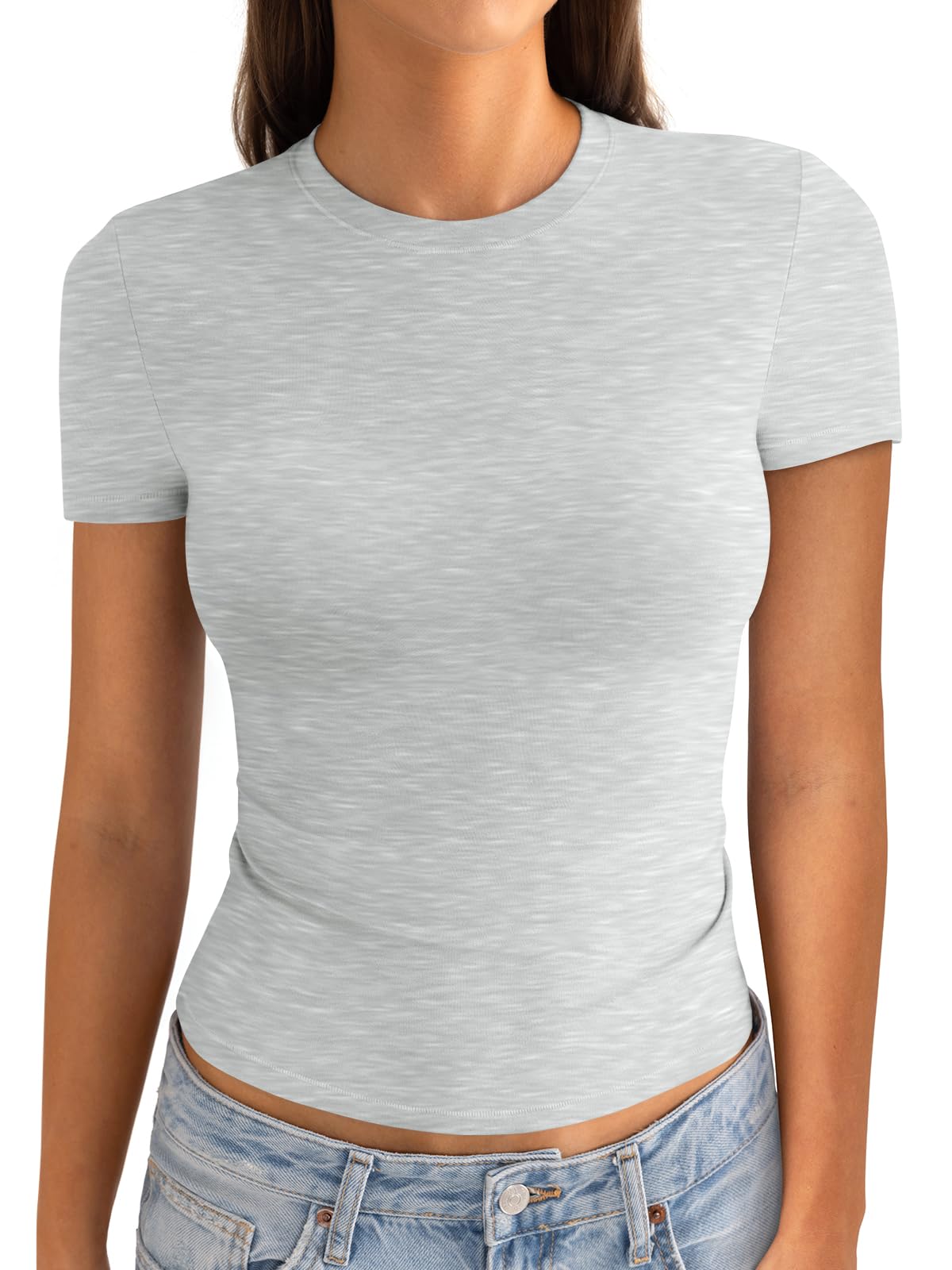 Womens Cotton Crew Neck Short Sleeve Shirts Summer Top Trendy Fitted Crop Tops Basic Going Out Tee