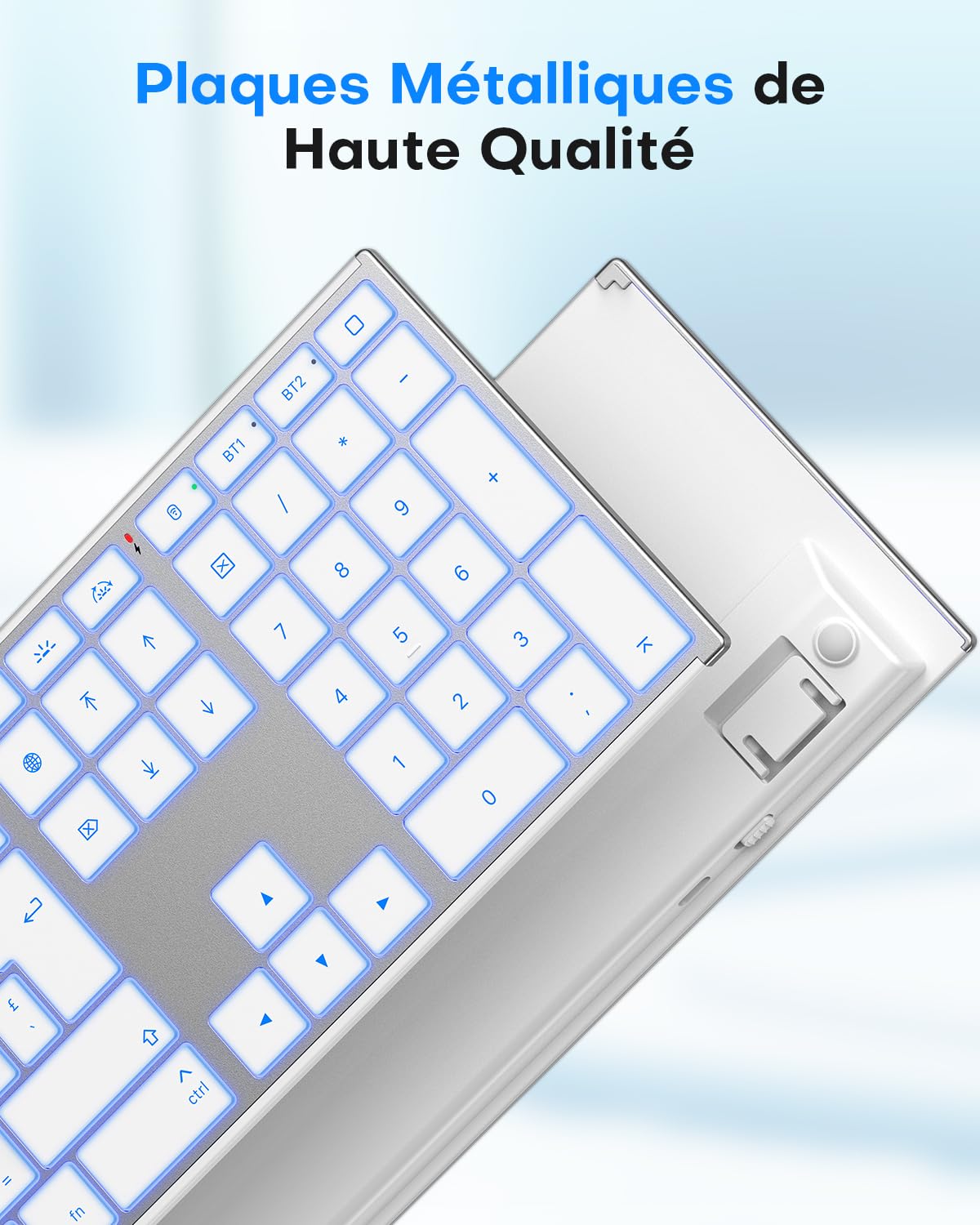 OMOTON Aluminium Clavier sans Fil Mac, 2.4G & Bluetooth (BT1/BT2), Clavier Rétroéclairé AZERTY pour Apple Macbook Pro/Air, Mac Mini, iMac, iMac Pro, Rechargeable Silencieux, Argent