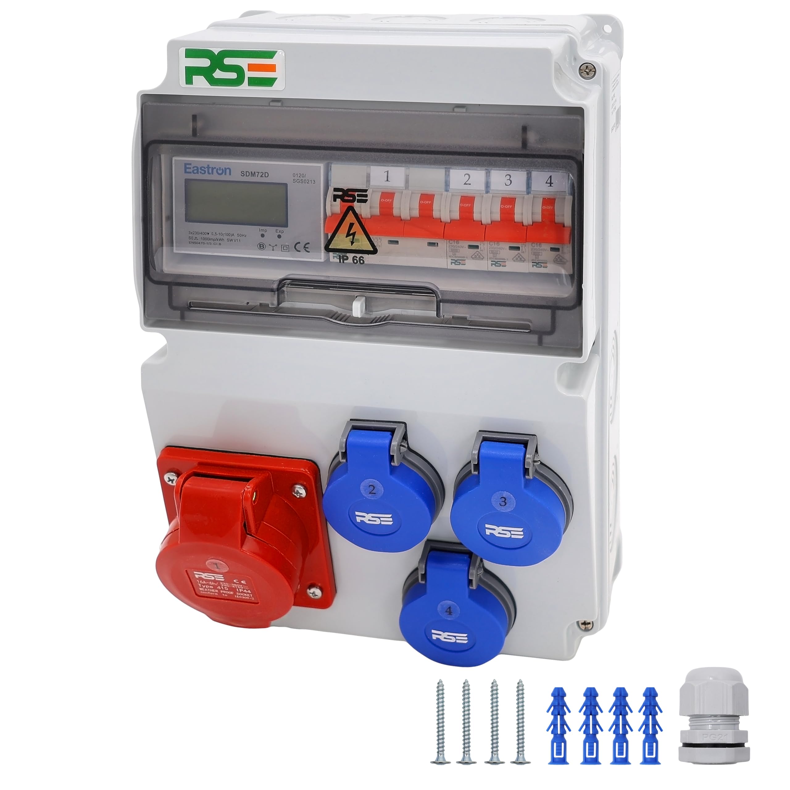 Distributore di corrente murale completamente cablato 32 A 16 A 230 V con presa CEE IP65, 5. 1 x 16 A, 3 x 230 V con LS + contatore