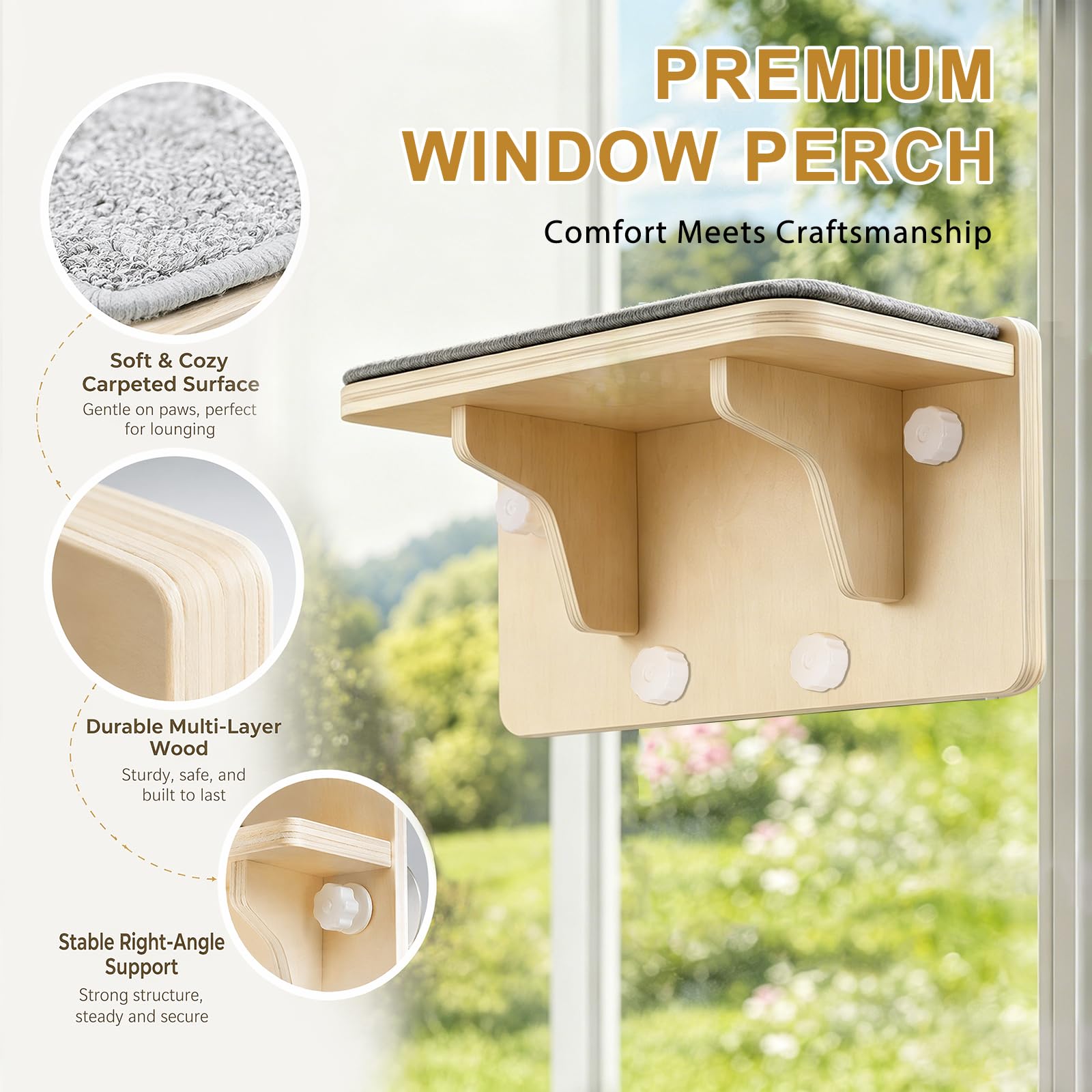 FARYODI Kattenraamplaats – 2-in-1 Voor Muur En Glas, Tot 16 Kg, Met Wasbare Vilten Mat, 360° Zon- En Klimplezier, Natuurlijk Hout