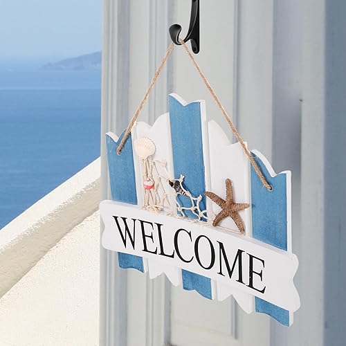 Miniatura 5 de VOSAREA Letrero de bienvenida de madera de estilo mediterráneo, colgante de pared, decorativo para colgar en la pared, letrero para puerta