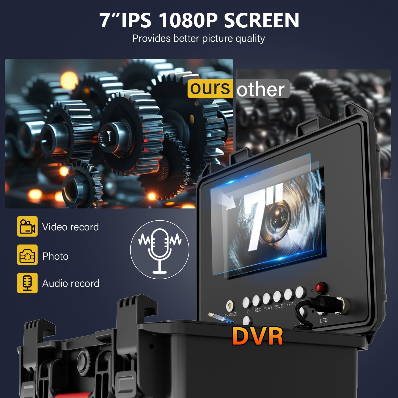 Cámara de alcantarillado autonivelante con contador de distancia, 60 m, cable de 7 mm más grueso, monitor IPS 1080P de 7 pulgadas, 12 luces ajustables, cámara de inspección de tuberías IP68 con