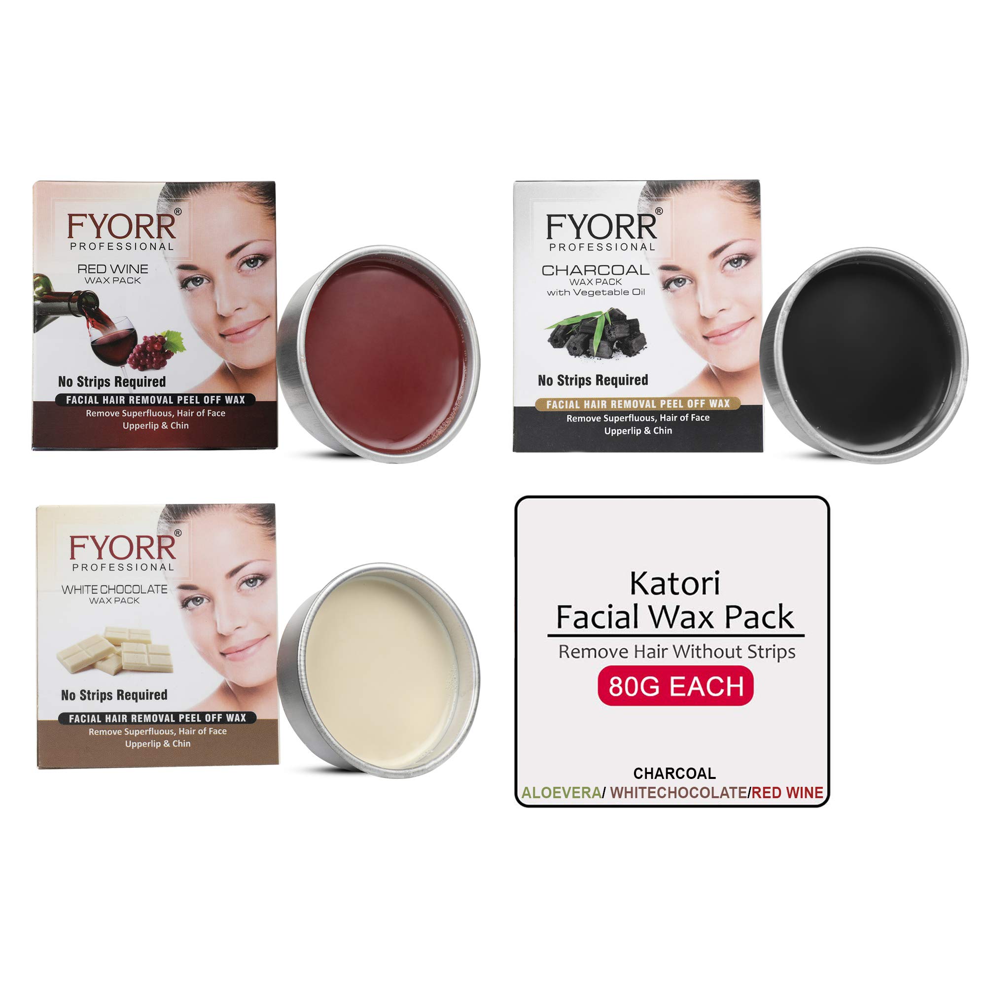 FYORR Facial Katori Peel-Off Wax Combo of 3, White Chocolate, Red Wine & Charcoal - 80 gm each