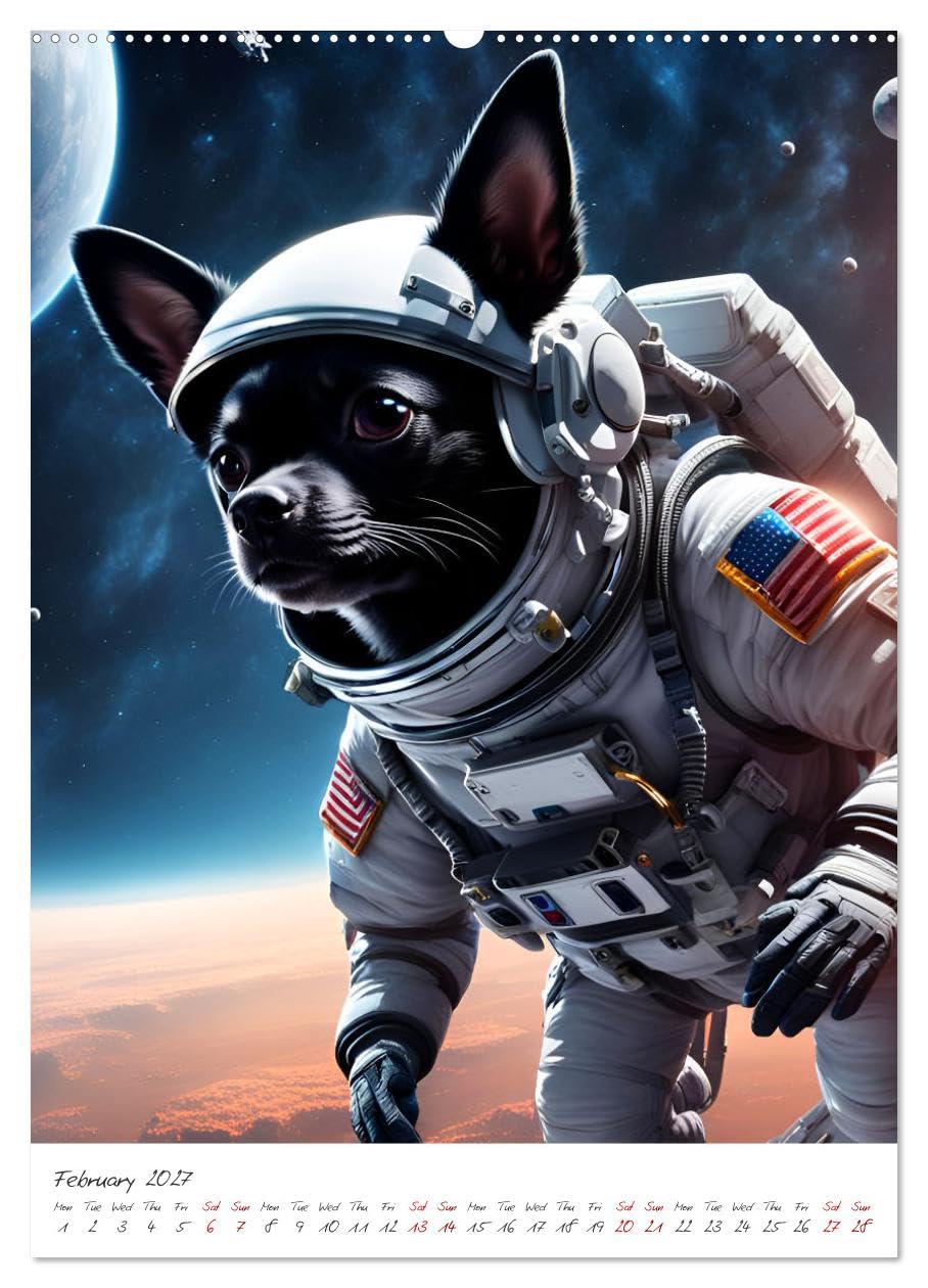 Chihuahua Adventure in Space (High Quality Premium Wall Calendar 2027 DIN A2 portrait),CALVENDO 12 Month Wall Calendar: Cute AI Chihuahua astronaut explores space