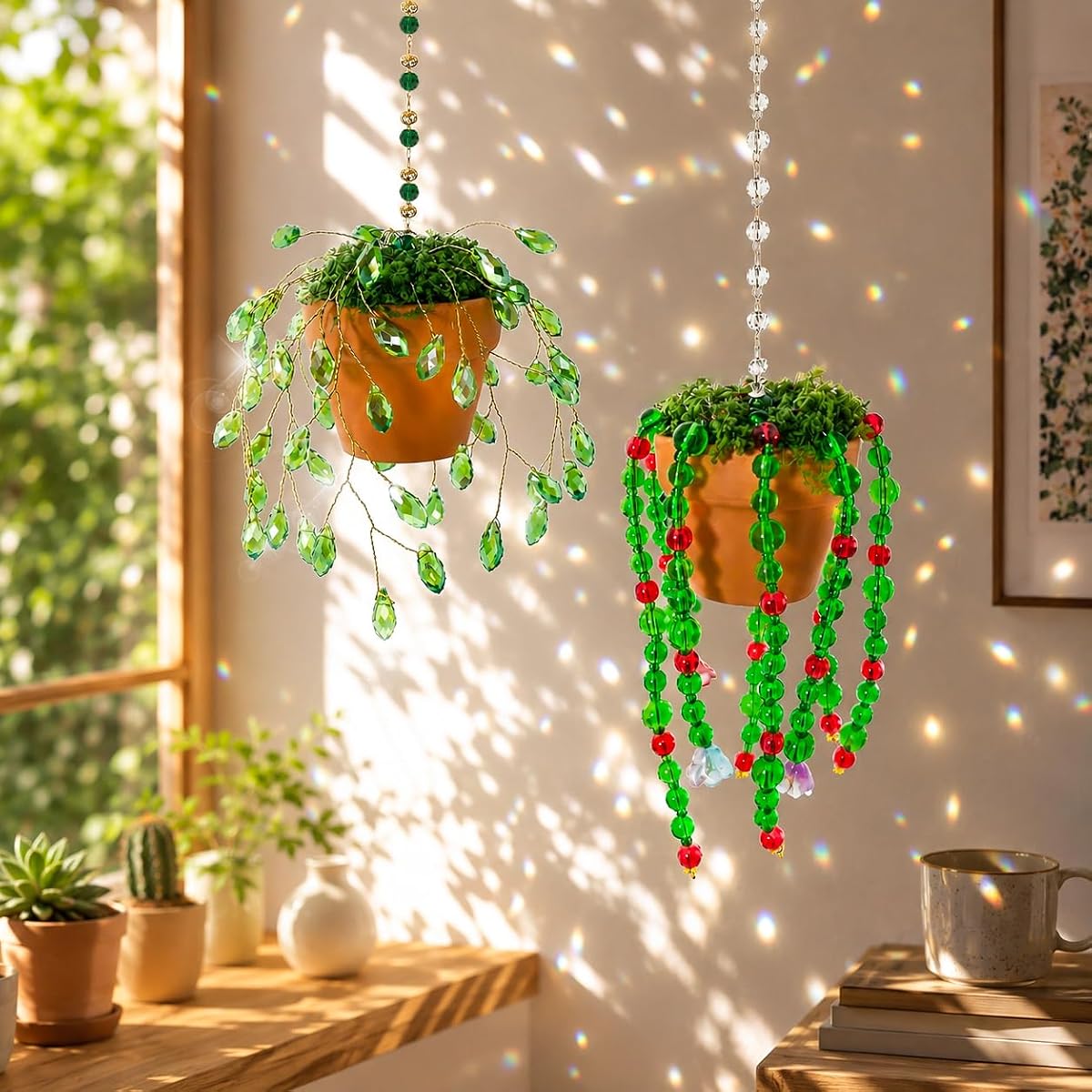 Glass Beaded Plant Kit Hanging Suncatcher Gifts Sun Catchers Window Décor | Handmade Green Crystal Leaf Flower Beads Garden Light Catcher with Chain Diy Potted Plant Home Decorations Car Charm Hanger