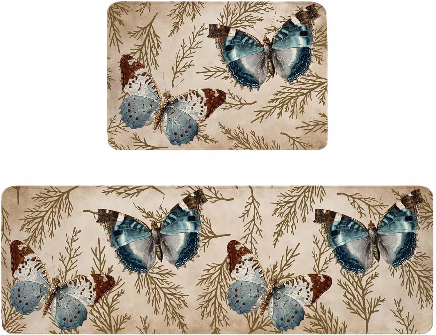 Vintage Teal Butterfly Kitchen Rugs and Mats Set of 2, Non-Slip Kitchen Sink Mat, Vintage Brown Tree Branch Washable Doormat Bathroom Rugs Runner for Bedroom/Living Room 19.7"x31.5"+19.7"x63"