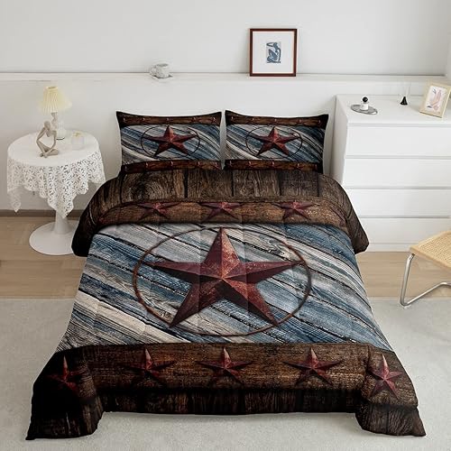 Castle Fairy Juego de edredón de puerta de granero occidental, tamaño Queen, juego de ropa de cama retro con estrellas marrones y rayas de madera Castle Fairy Juego de edredón de puerta de granero occidental, tamaño Queen, juego de ropa de cama retro con estrellas marrones y rayas de madera