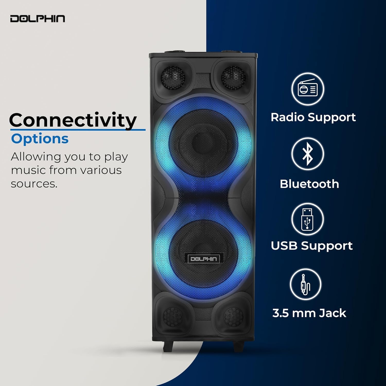 Dolphin High-Power Big Party Speaker – X-BASS, Strobe & LED Infinity Lights, Bluetooth, Wood Cabinet MDF, 2 UHF Wireless Mics, 120W, Long-Lasting Battery for DJ & Karaoke