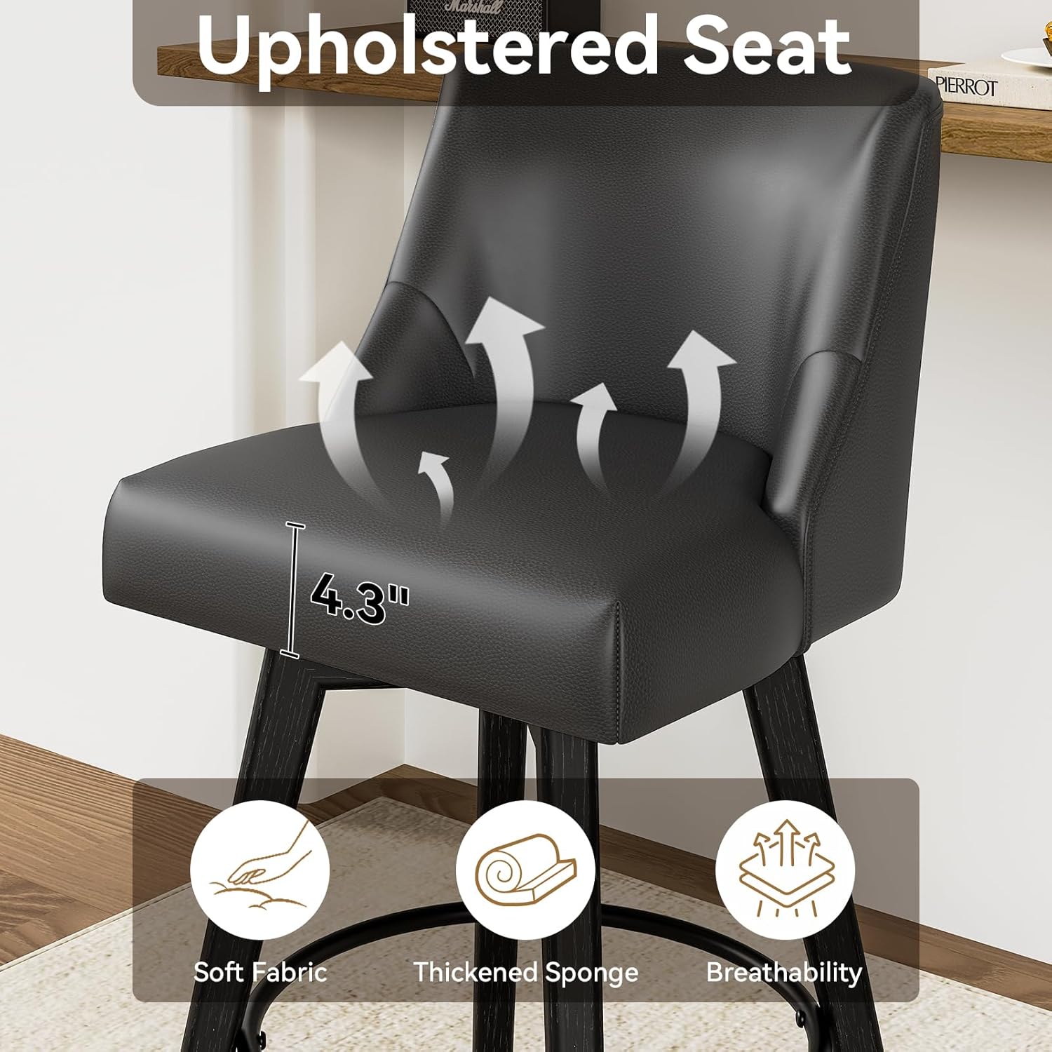 26.8 Inch Counter Height Bar Stools with Back, Swivel Bar Stools Set of 2, Modern Kitchen Barstools with Footrest, Faux Leather Upholstered Bar Chairs, Solid Wood Legs for Island, Pub, Black