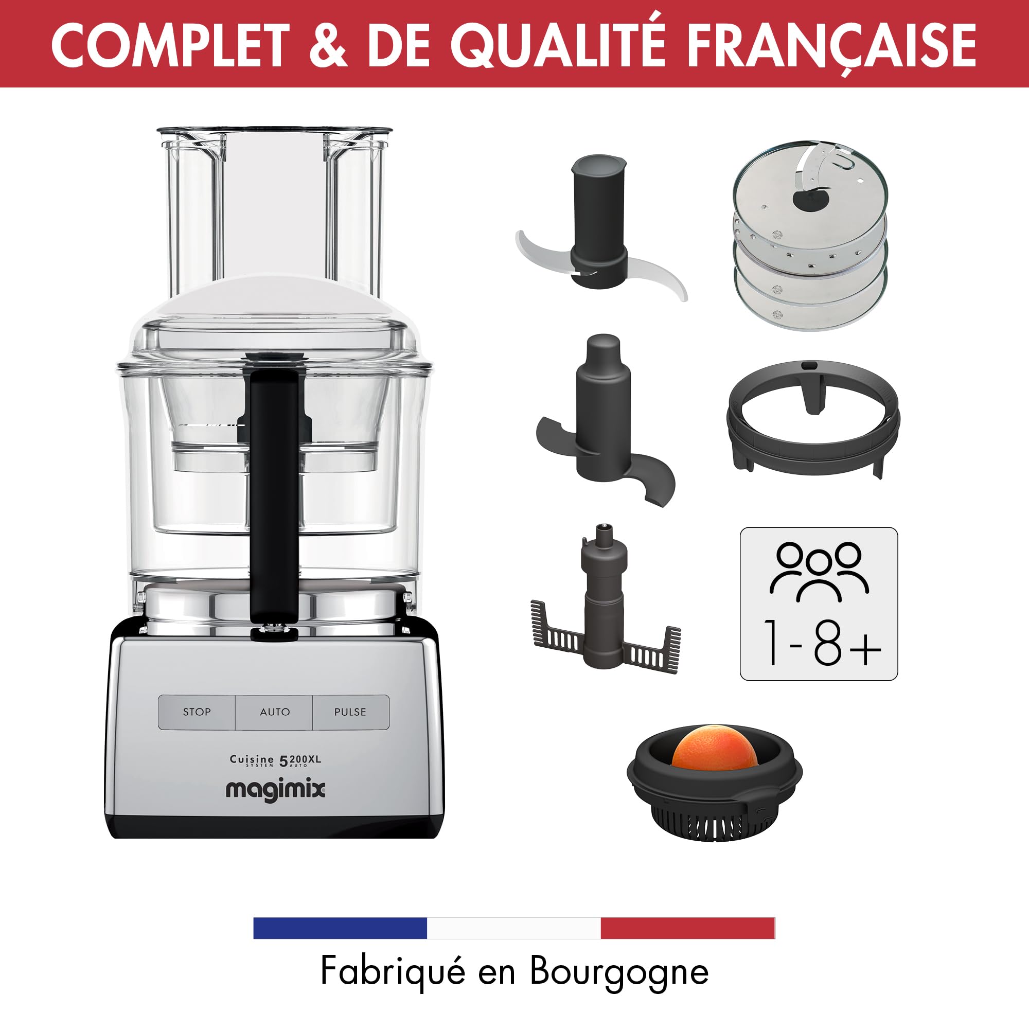 Magimix Robot de Cuisine Multifonction CS 5200 XL - Hachoir, Blender, Presse Agrumes - Bol 3,6L - Fabriqué EN FRANCE - Chrome brillant