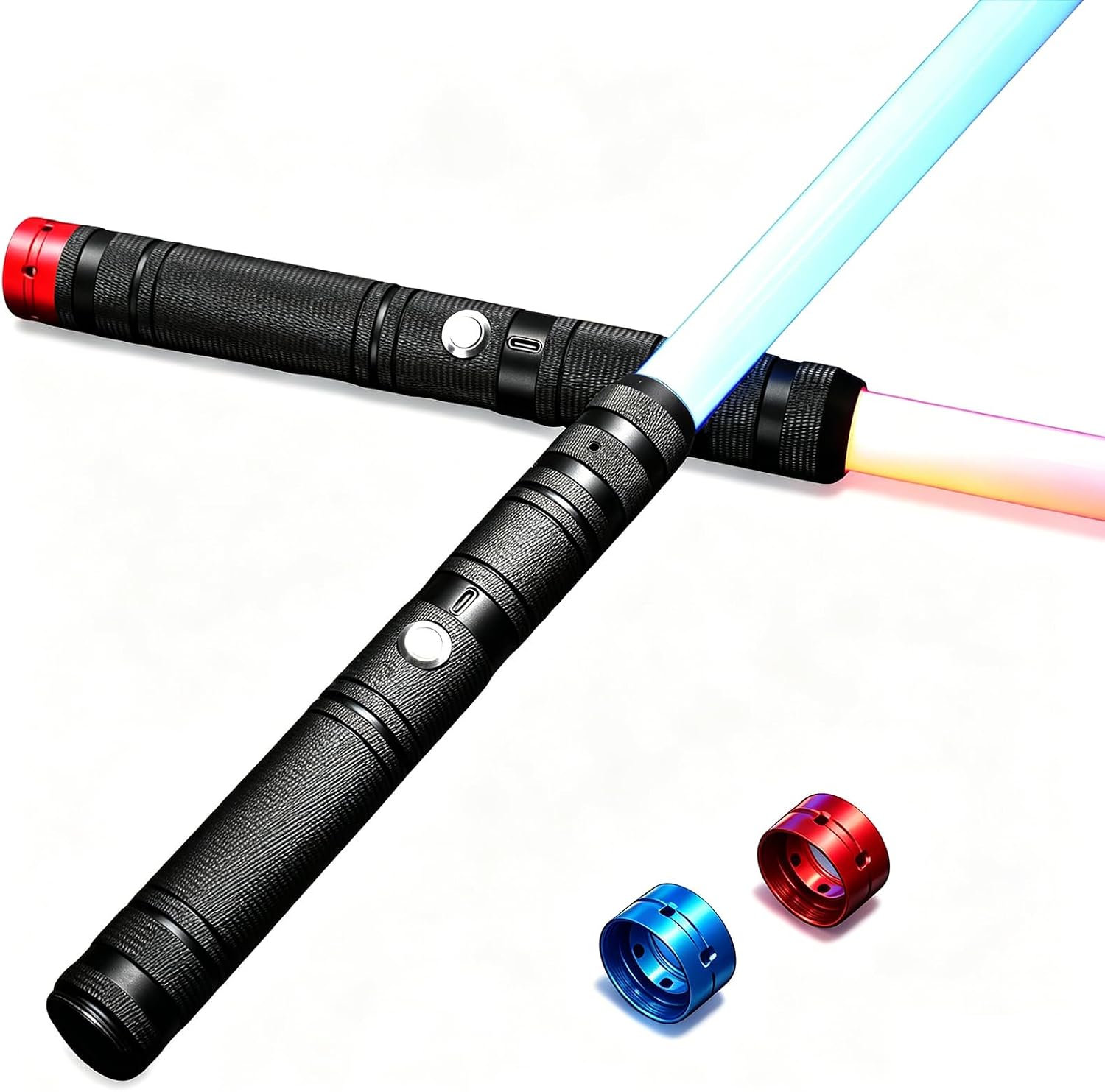 2-Pack Rechargeable Light up Sword Sabers for Kids 25.6” – 15 Colors, Light & Sound FX, Connectable Double Blade, Metal Handle, Toy Sword Saber for Boys & Girls