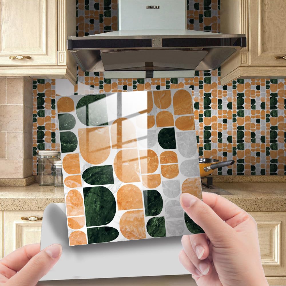 LMYSXAOZ 20 PCS Tile Stickers Stick on Tiles, Self Adhesive Wall Tiles for Kitchen Bathroom, Oil Proof Peel and DIY Floor Semicircle Geometry (Green Orange,30x30cm)