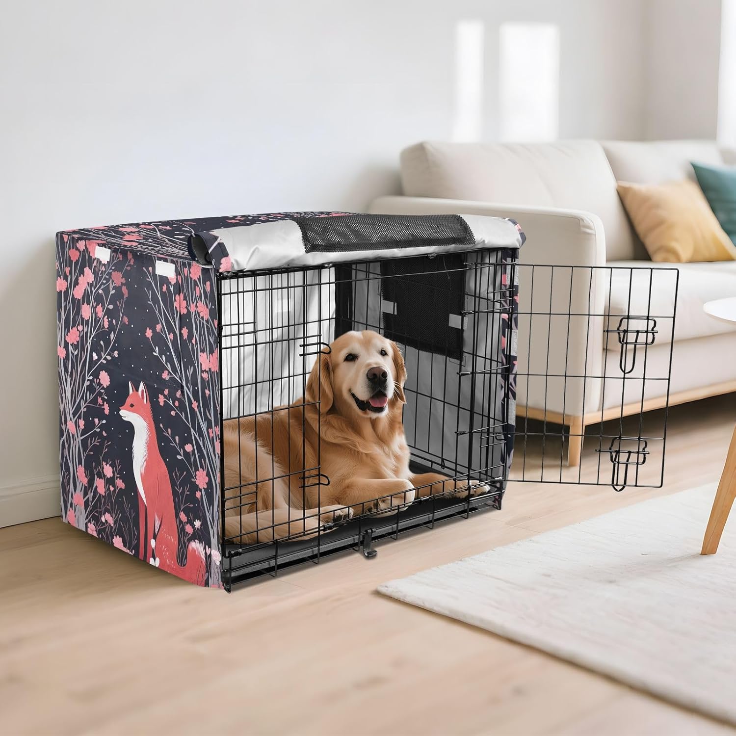 Red Fox Pink Flowers Dog Crate Covers Fixed Buckle at Bottom, Pet Cage Cover with Mesh Windows, Large