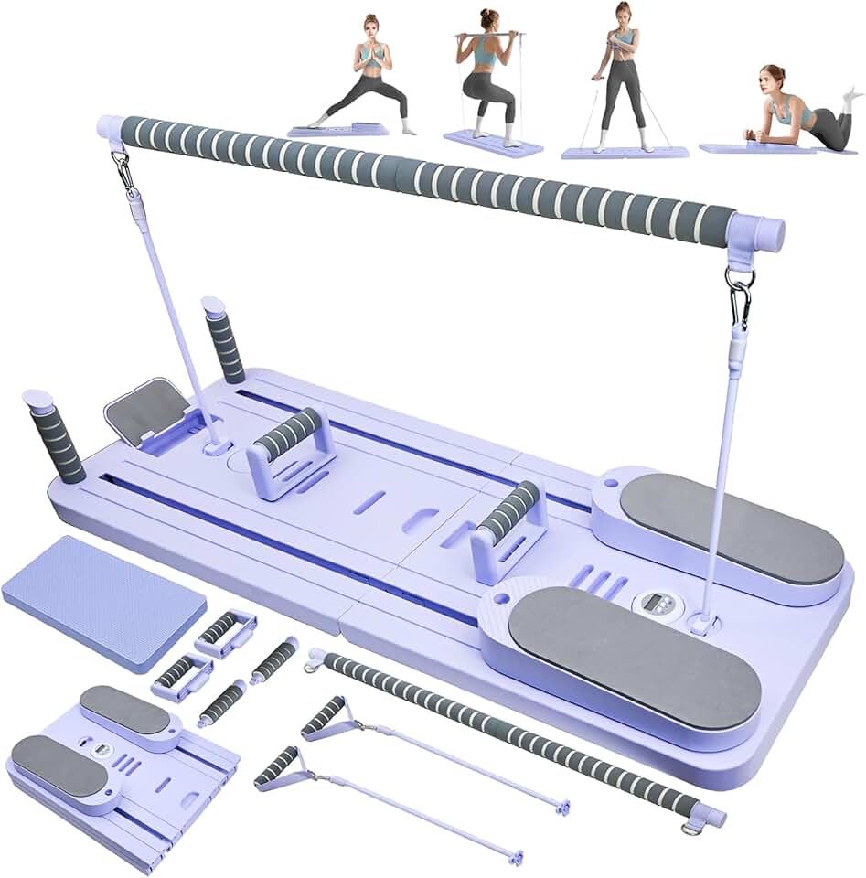 Conjunto de Pilates Reformer Dobrável, Prancha de Pilates com Suporte para Celular, Máquina de Pilates Reformer Multifuncional, Equipamento Portátil de Pilates com Prancha Deslizante