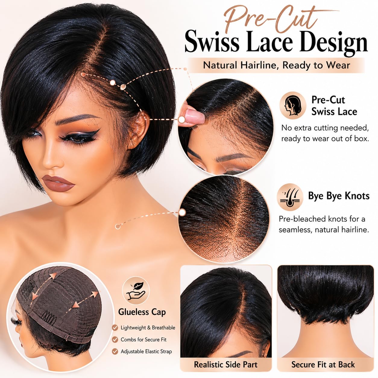 Short Pixie Bob Human Hair Wig Glueless Wear and Go, 100% Brazilian Remy Hair Short Straight Lace Front Wig with Pre Cut Swiss Lace, Natural Color