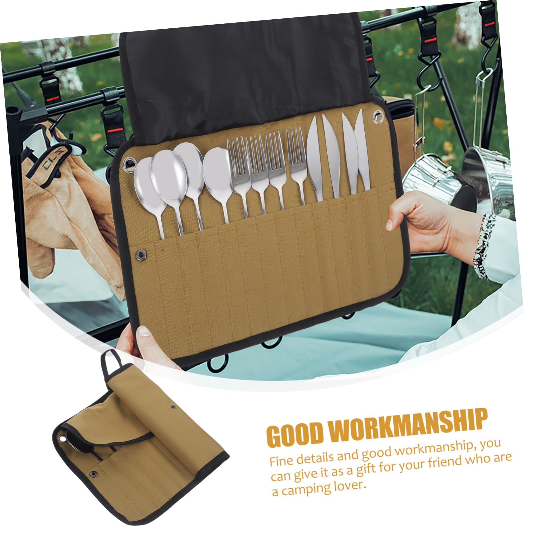 POPETPOP Set Couverts Camping Kit Couverts Voyage Pochette Roulable Vaisselle Pique-ustensiles Plein Air Pochette Rangement Service