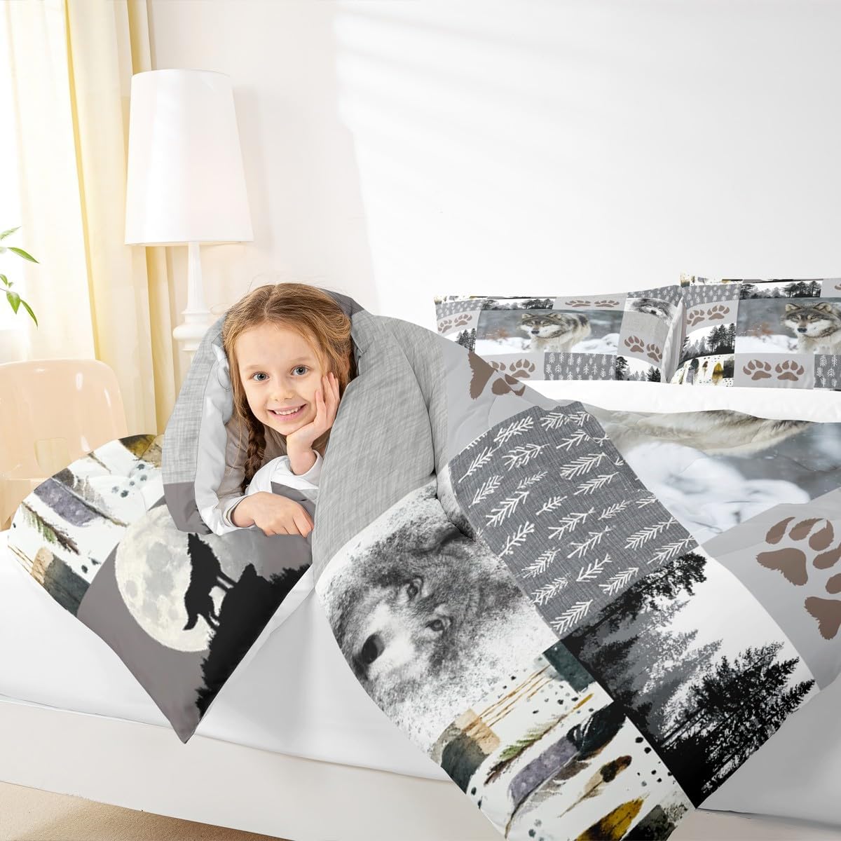 Wolf Kids Comforter Set Queen Size,Wolf Paws Print Pine Trees Wild Adventure Bedding Set,Boys Girls Adults Room Decor,Geometric Plaids Patchwork Down Comforter,Rustic Duvet Insert,2 Pillowcases