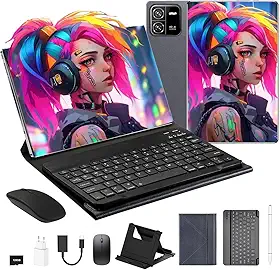 3 em 1 Tablet, com Capa/Teclado/Mouse, 10.1 Polegada, 1920×1200 Tela, 1920x1200 Tela Processador Octa-Core, 12GB RAM+512GB ROM, Câmera de 16MP + 32MP, Android 15, 8000mAh, Versão WiFi (Cinza)