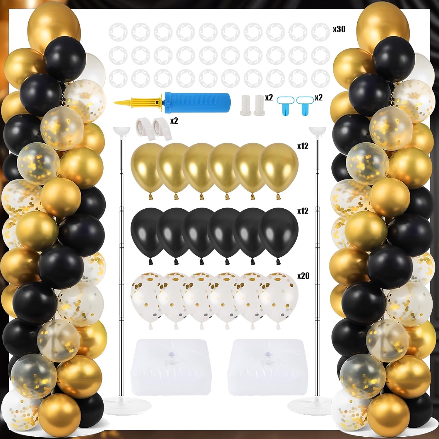 2 Sets Graduation Balloon Column Stand Kit with Congrats Grad Backdrop and 100 Black Gold Balloons Adjustable Balloon Tower Stand with Bases for Floor 2025 School Grad Birthday Party Decor