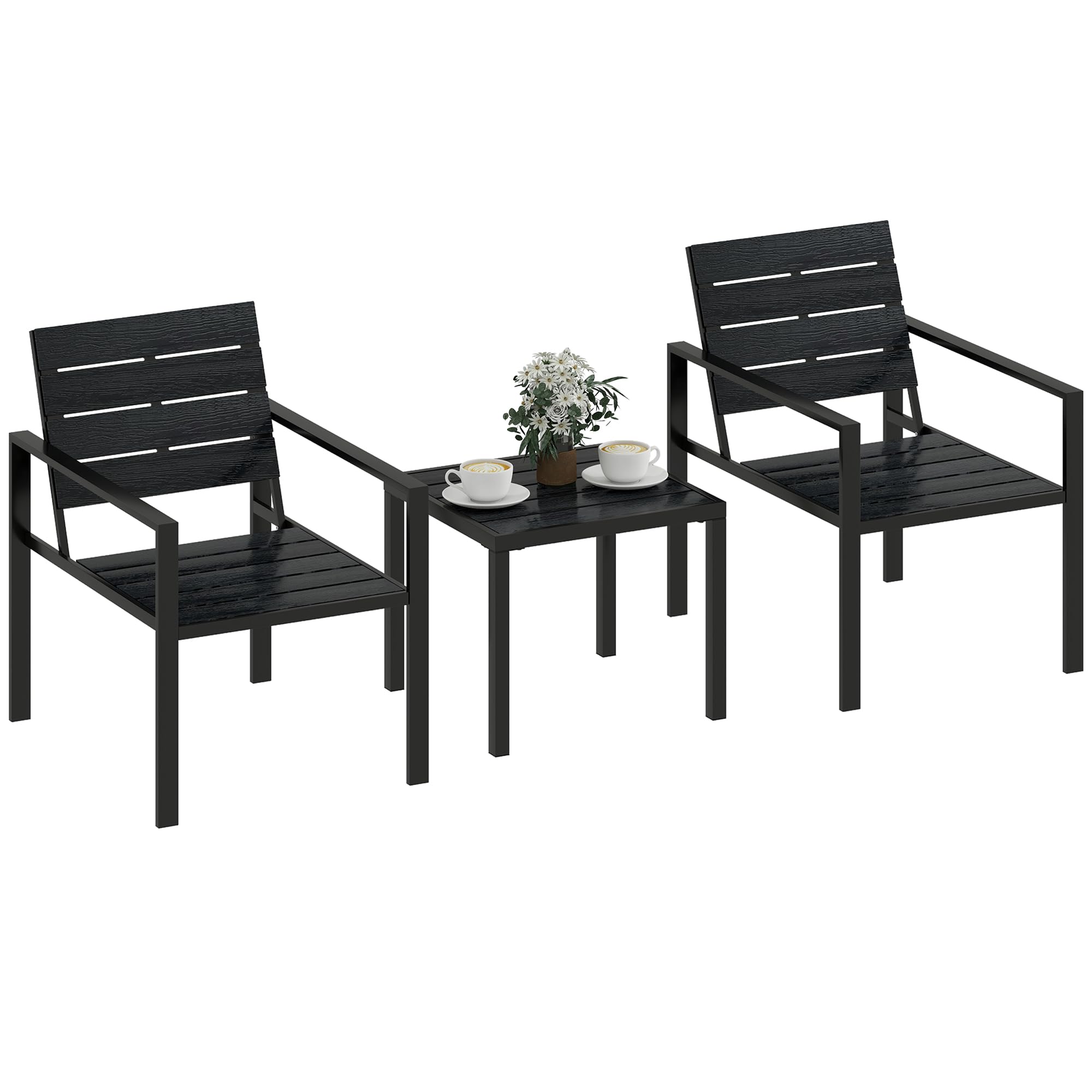 Outsunny 3 Pieces Garden Bistro Set for 2, Outdoor Bistro Table and Chairs with Plastic Top and Metal Frame, Patio Furniture Set for Garden Patio Balcony, Indoor Outdoor Area, Black