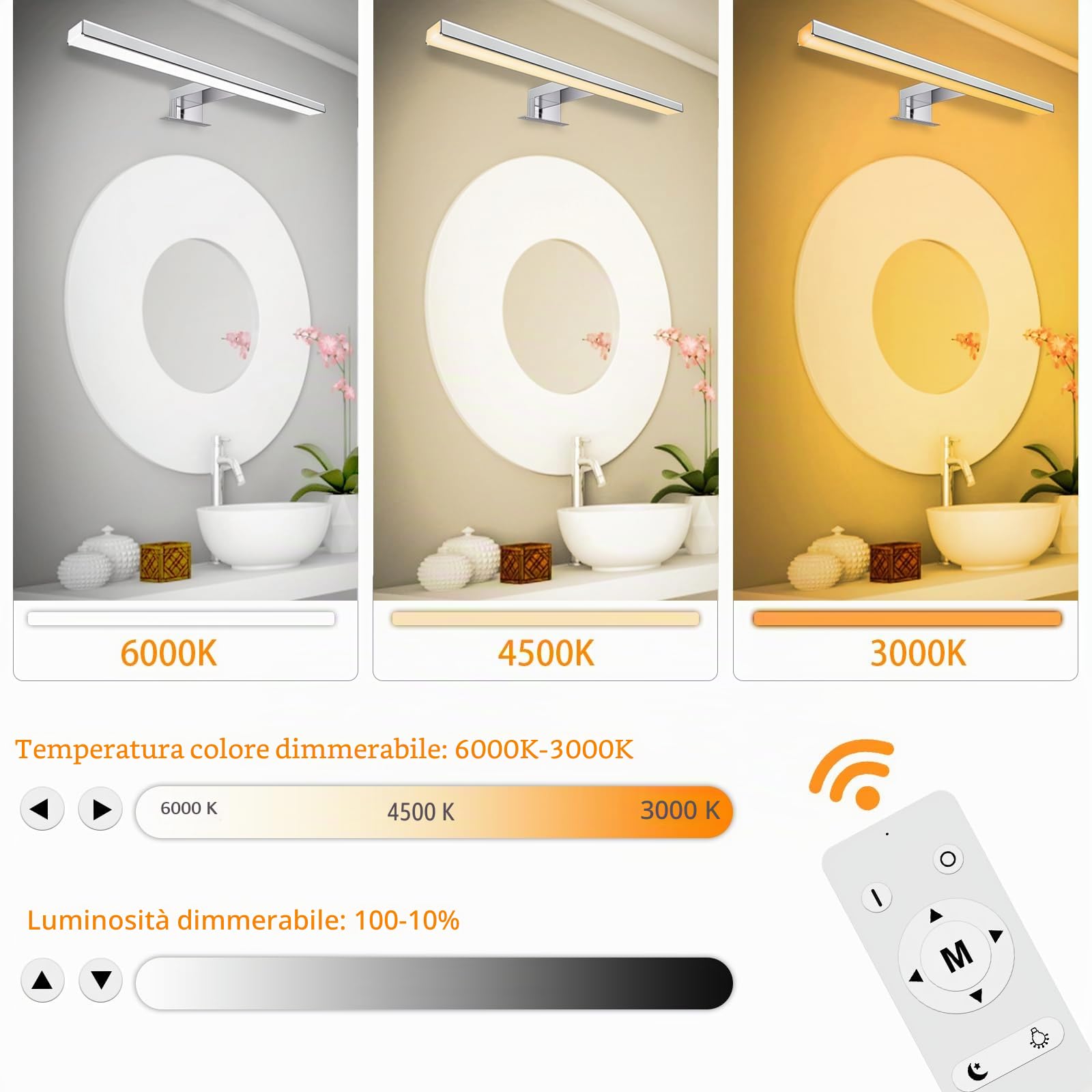Karrong Lampada da specchio da bagno, 40 cm, con interruttore, telecomando, dimmerabile, 3000 K, bianco caldo, 4000 K, bianco naturale, 6000 K, IP44, impermeabile, per bagno, alluminio, 1200 lm, 12 W,