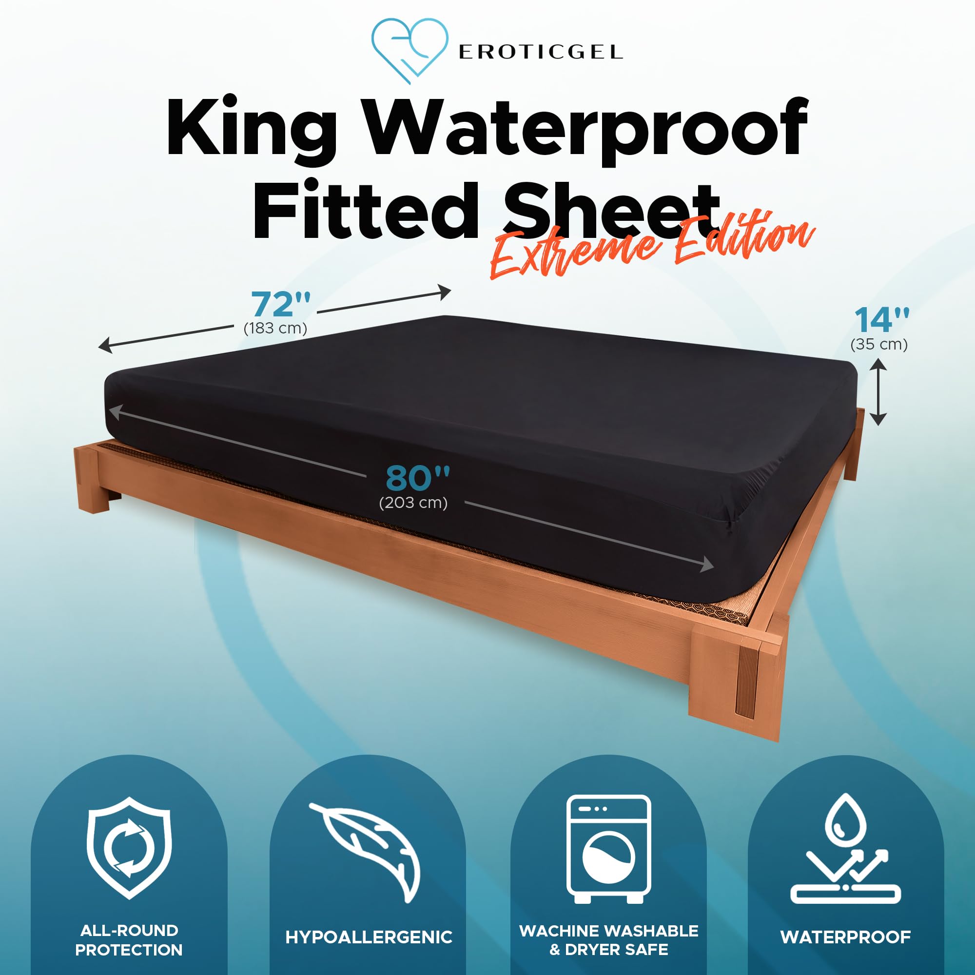 Extreme King - Lenzuolo con angoli impermeabile, coprimaterasso nero 100%, sicuro con prodotti da massaggio a base di olio, acqua e silicone, ipoallergenico, silenzioso, lavabile in lavatrice