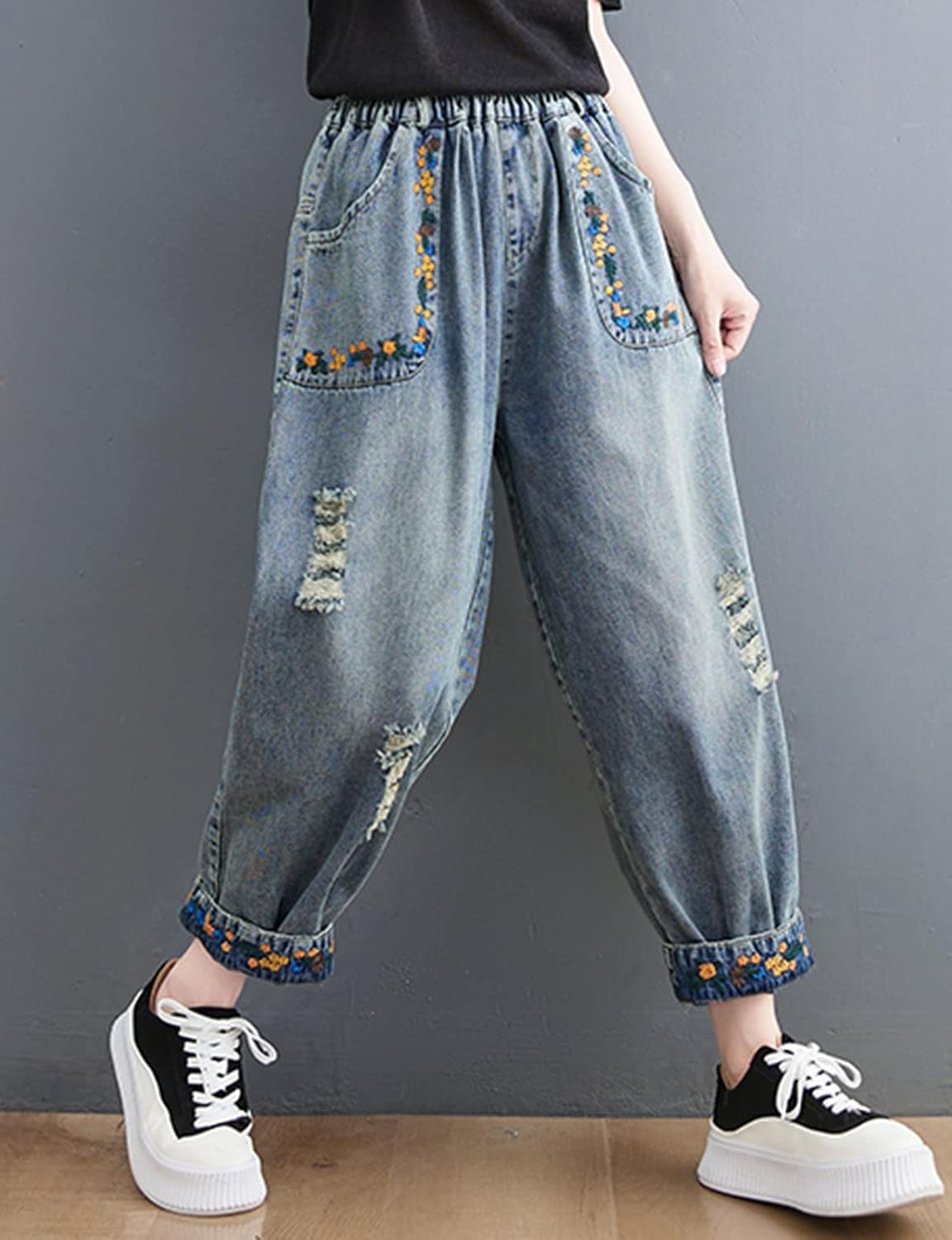 HALITOSS Women's Distressed Denim Jeans Elastic Waist Harem Cropped Pants Casual Ankle Length Trouser - Image 5