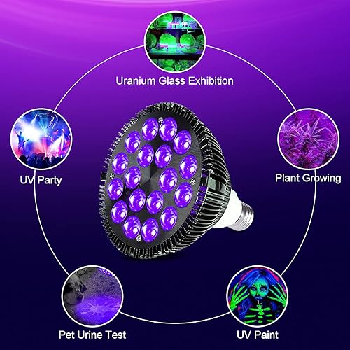 Miniatura 4 de KINGBO Bombilla negra, bombillas LED de 36 W E26 PAR38 que brillan en la oscuridad, LED de 395 nm para fiesta de luz negra, arte fluorescente