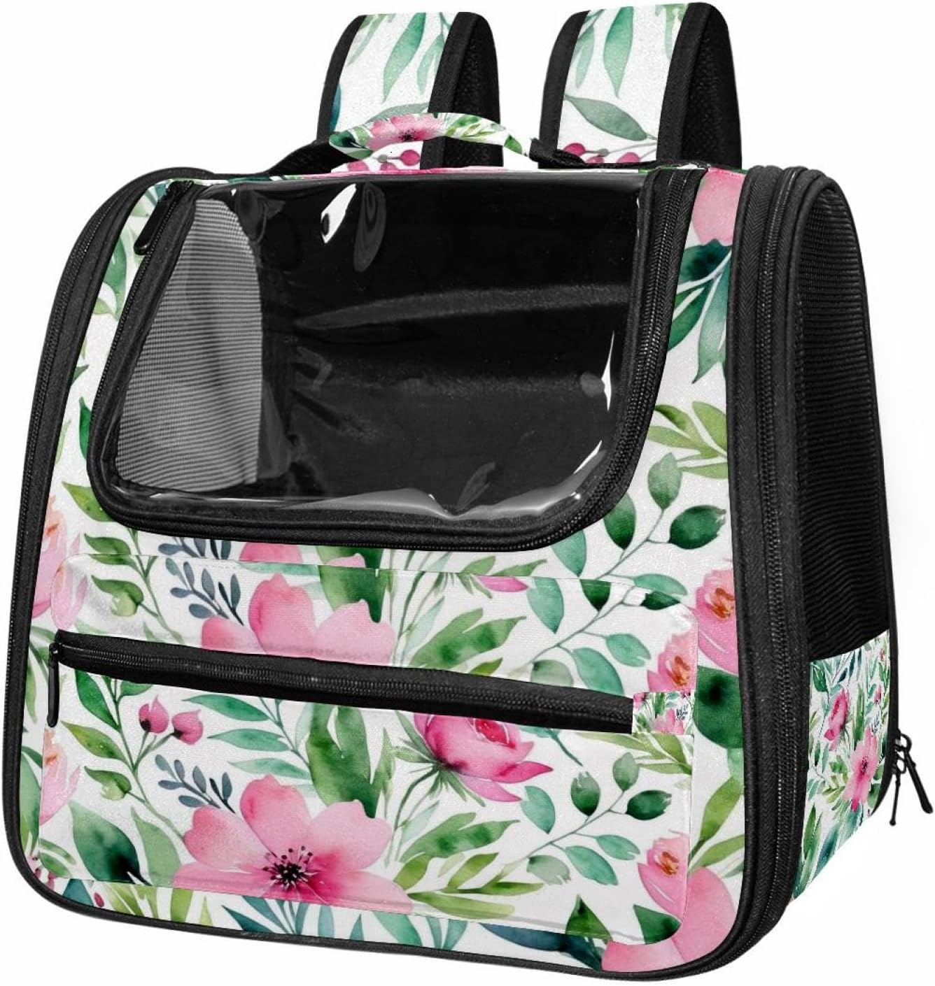 Portable Travel pet Backpack Carrier Hamster Bag Small Dog cat Carrier Breathable Hang Bag, Pink Flowers with Leaves