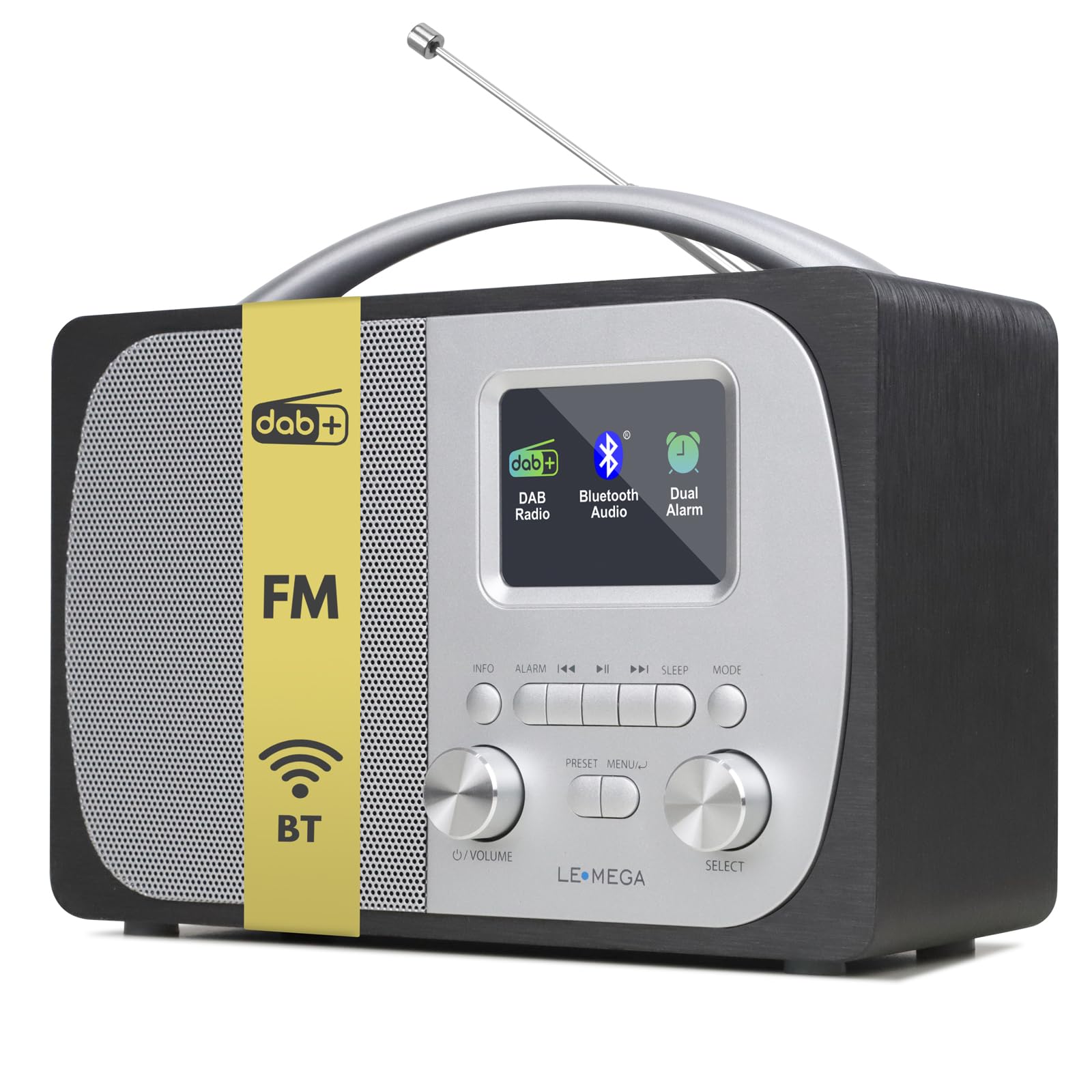 LEMEGA DR5 Radio a Pilas Portátil Pequeña – Radio Despertador Digital con Bluetooth,FM/Dab/Dab+,Reloj Despertador,Alimentación por Baterías o Corriente – Vintage Compacta,Cera de Carbono