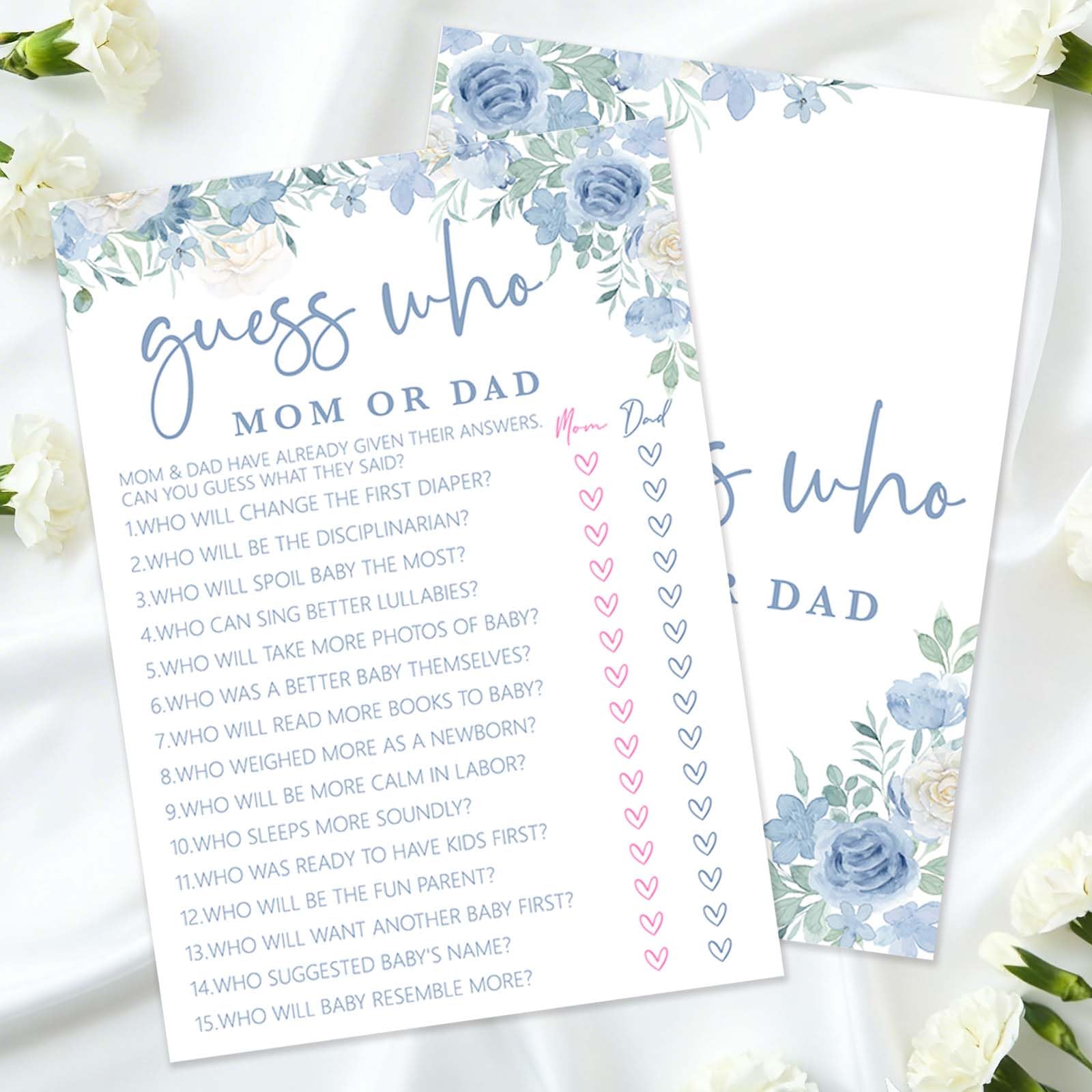Nuhany Baby in Bloom Baby Shower Games, Guess Who Mom or Dad Game, Spring Blue Floral Baby Shower Decorations Favors Ideas, Gender Neutral Party