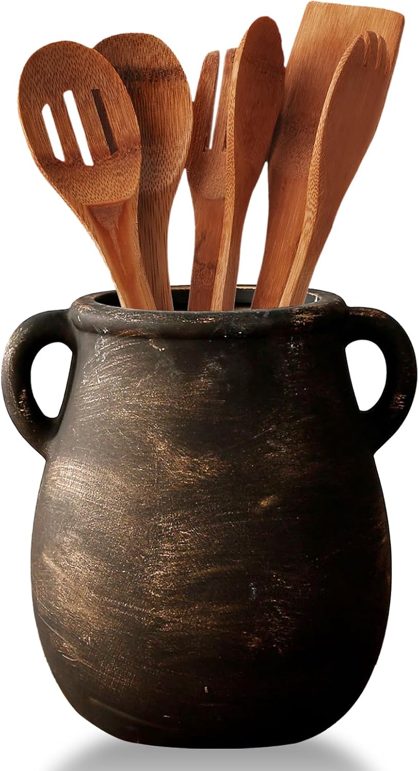 Rustic Utensil Holder with Handle, 7.8" H Ceramic Kitchen Utensil Holder for Countertop, Farmhouse Vintage Utensil Crock, Large Cooking Utensils Holder, Spatula Holder for Kitchen Counter (Black)