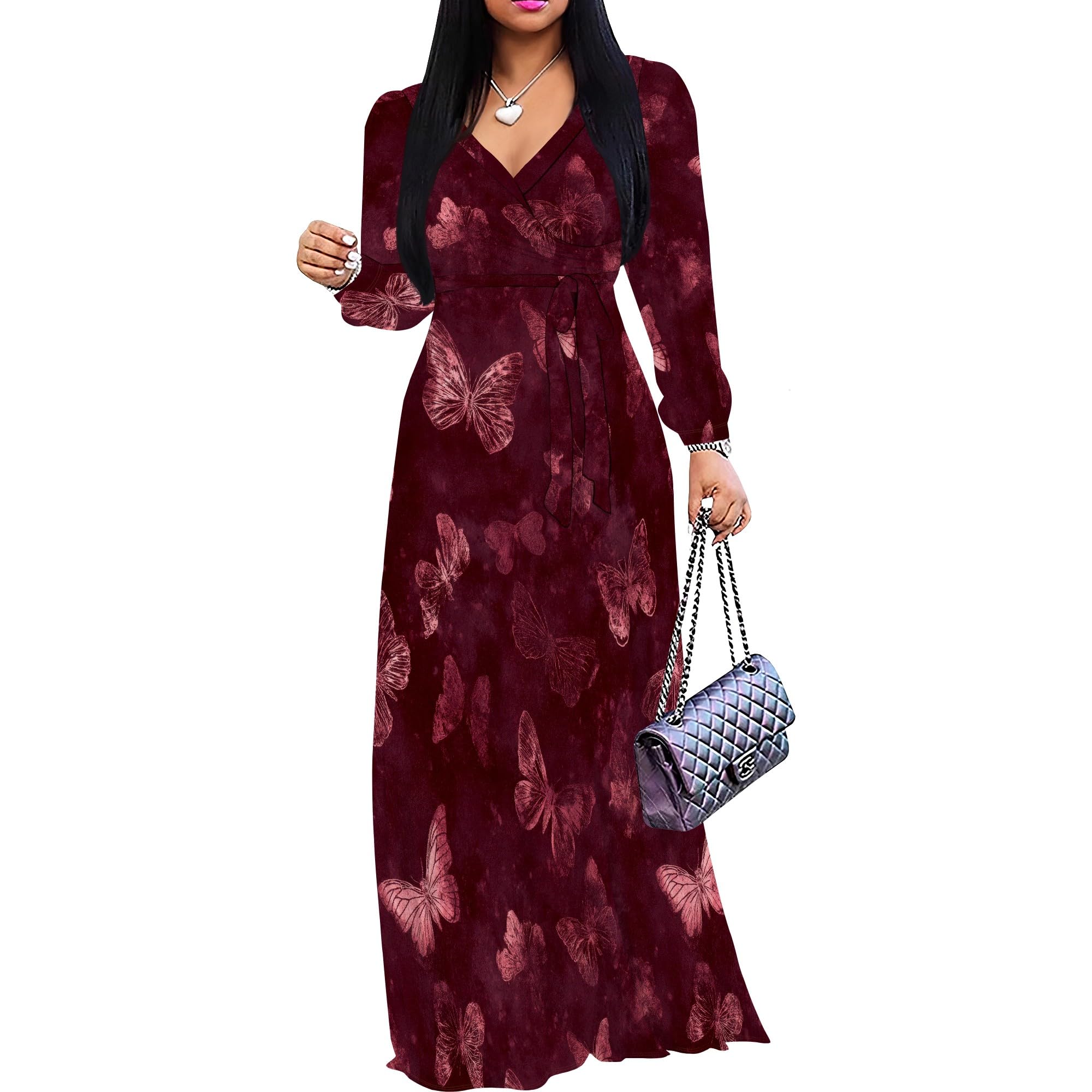 PinkPatty Women's Long Sleeve Maxi Dress Plus Size Trendy Wedding Guest Dress with Pockets&amp;Belt