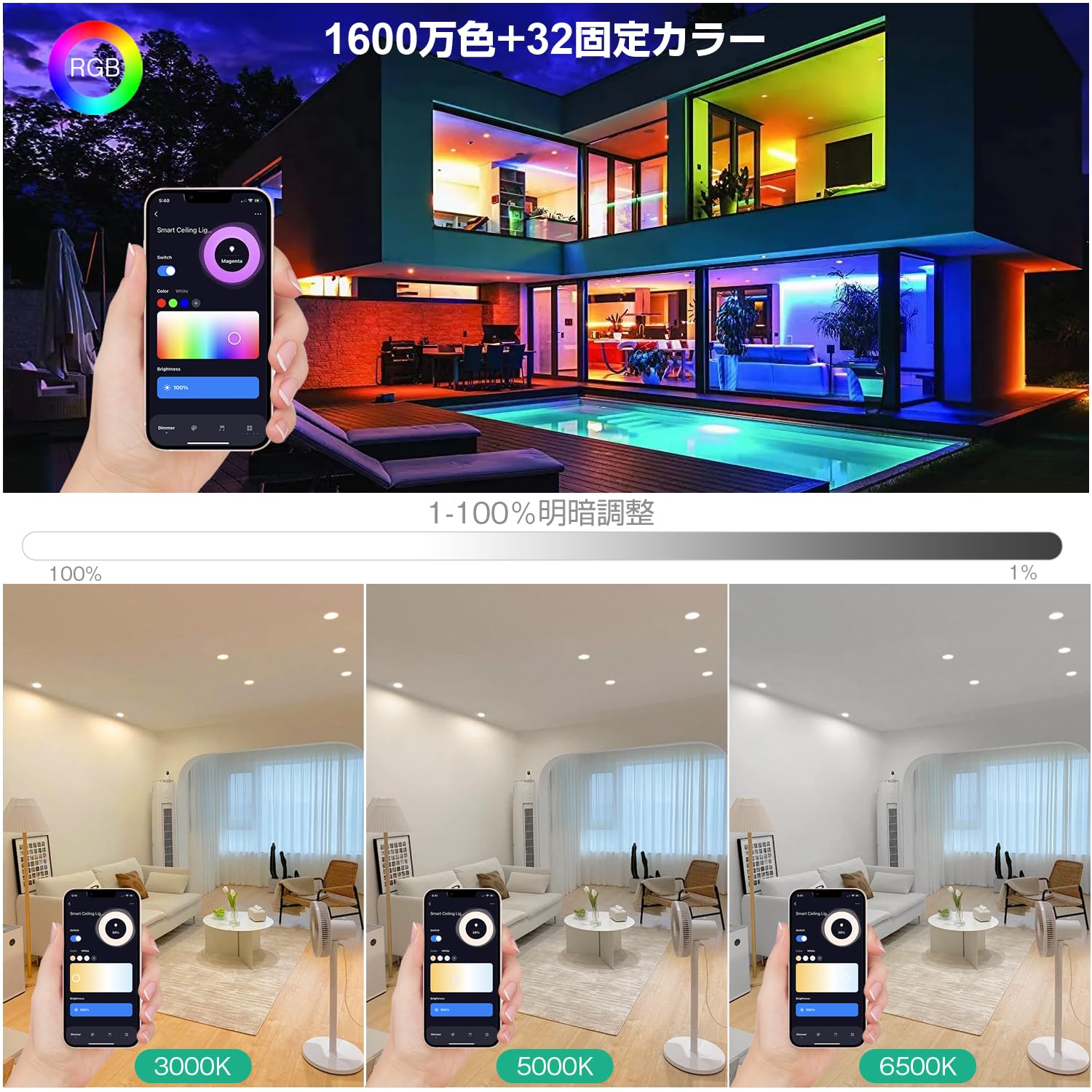Amazon.co.jp: Ledoversea RGBW LEDダウンライト 9w 800LM 105-115φ穴