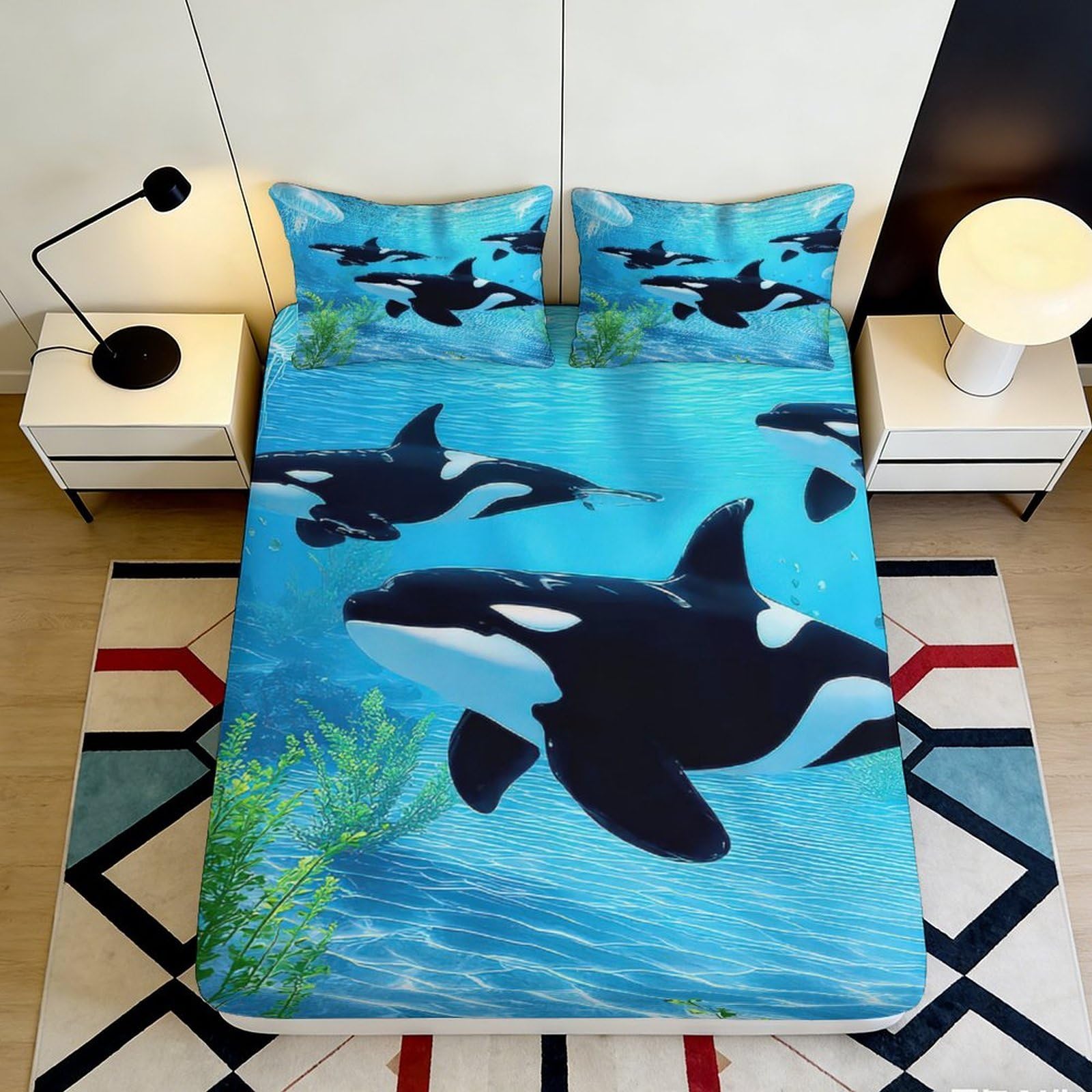 3D Printed Ocean Orca Fitted Sheet Microfiber Soft Breathable Sea Whale Mattress Cover Bedroom Dorm Decor 90x200x25cm