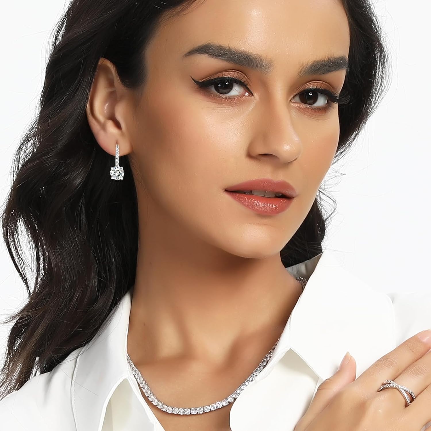 Moissanite Dangle Earrings for Women,18K White Gold Plated 925 Sterling Silver 2ct Round Brilliant D Color VVS1 lab Created Diamond Halo CZ Drop Earrings