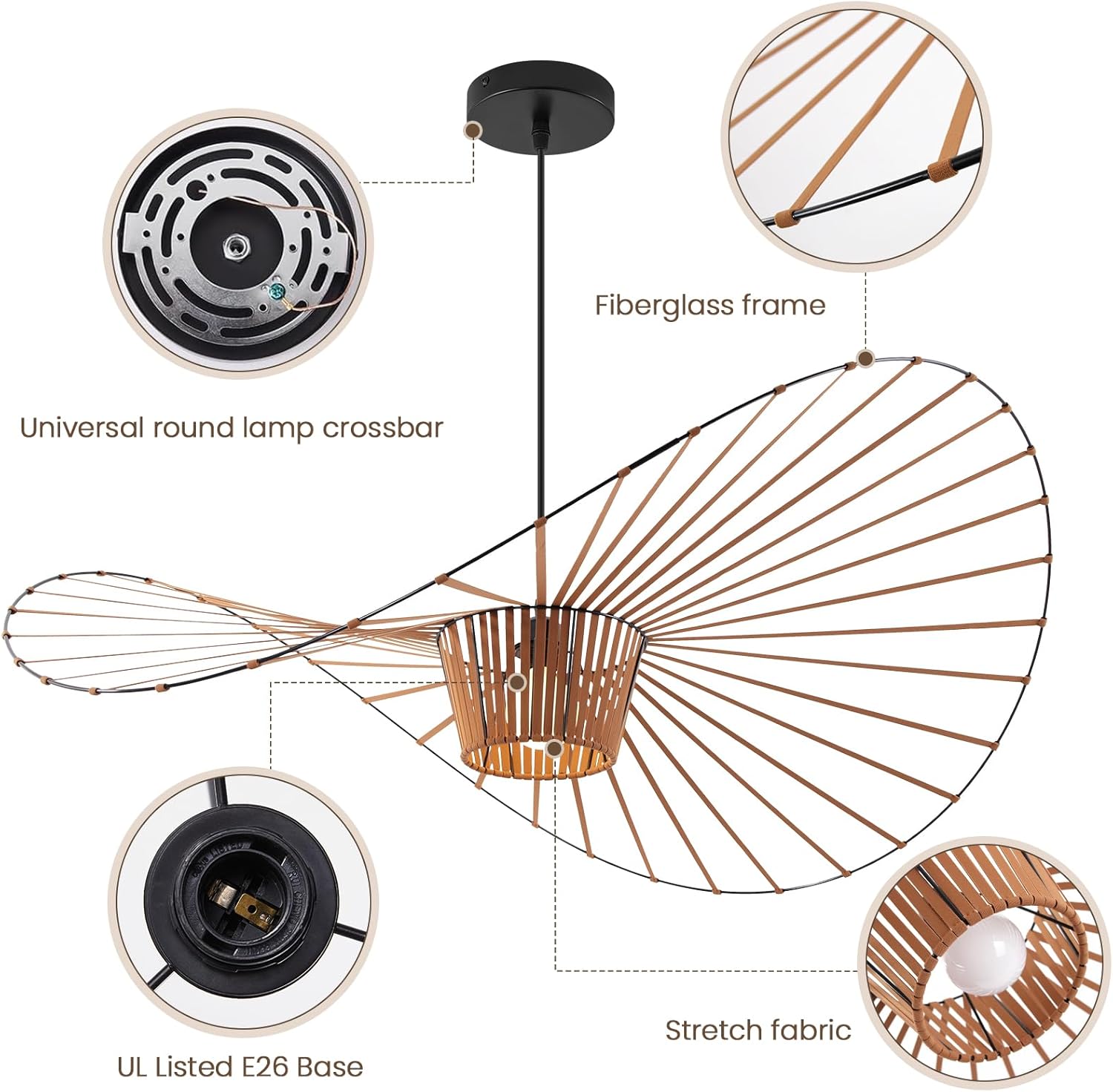 Brown Woven Chandelier, D39" Creative Straw Hat Shape Pendant Light Fixtures, Stretch Fabric+Fiberglass Material, Modern Boho Large Chandeliers, Suitable for Living Room, Bedroom, Dining Room, Office