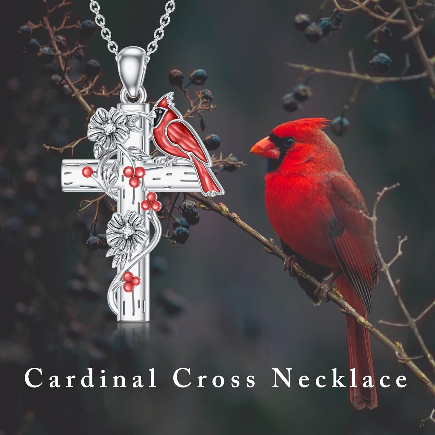 Cardinal Cross Necklace 925 Sterling Silver Red Bird Cardinal Religious Cross Pendant with Diamonds Animal Jewelry for Women - Image 6