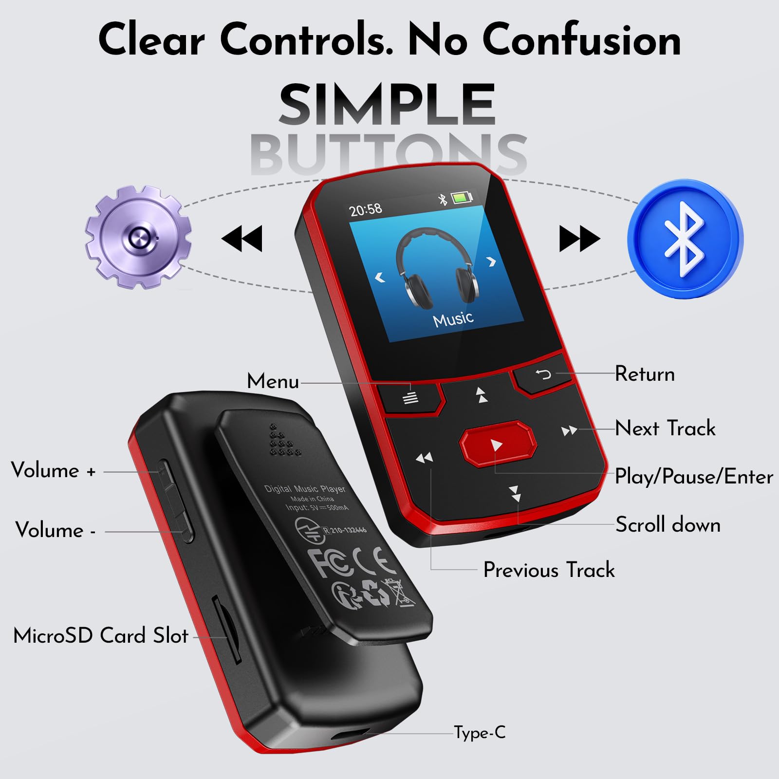64GB MP3 Player Bluetooth 5.3, Clip Sport Musikplayer mit Blindbedienung, Tragbarer 29g Mini Audioplayer mit Resume-Funktion, FM Radio, Diktiergerät, bis 128GB