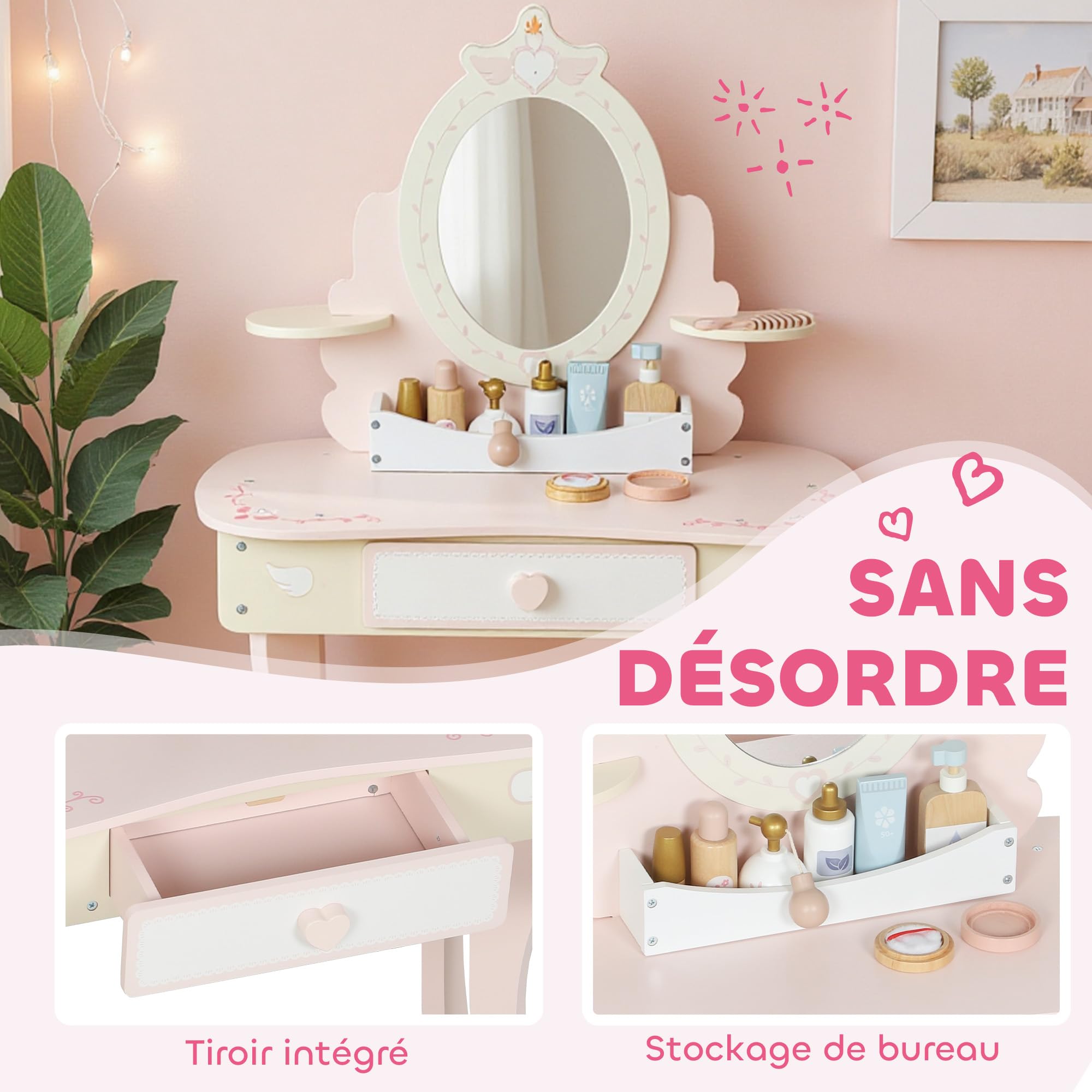 AIYAPLAY Coiffeuse Enfant Fille 2 en 1 avec 7 Accessoires de Jeu, Table de Maquillage avec Miroir en Acrylique, Tabouret, tiroir et Compartiment Ouvert, 59,8 x 29,6 x 89,8 cm, Rose