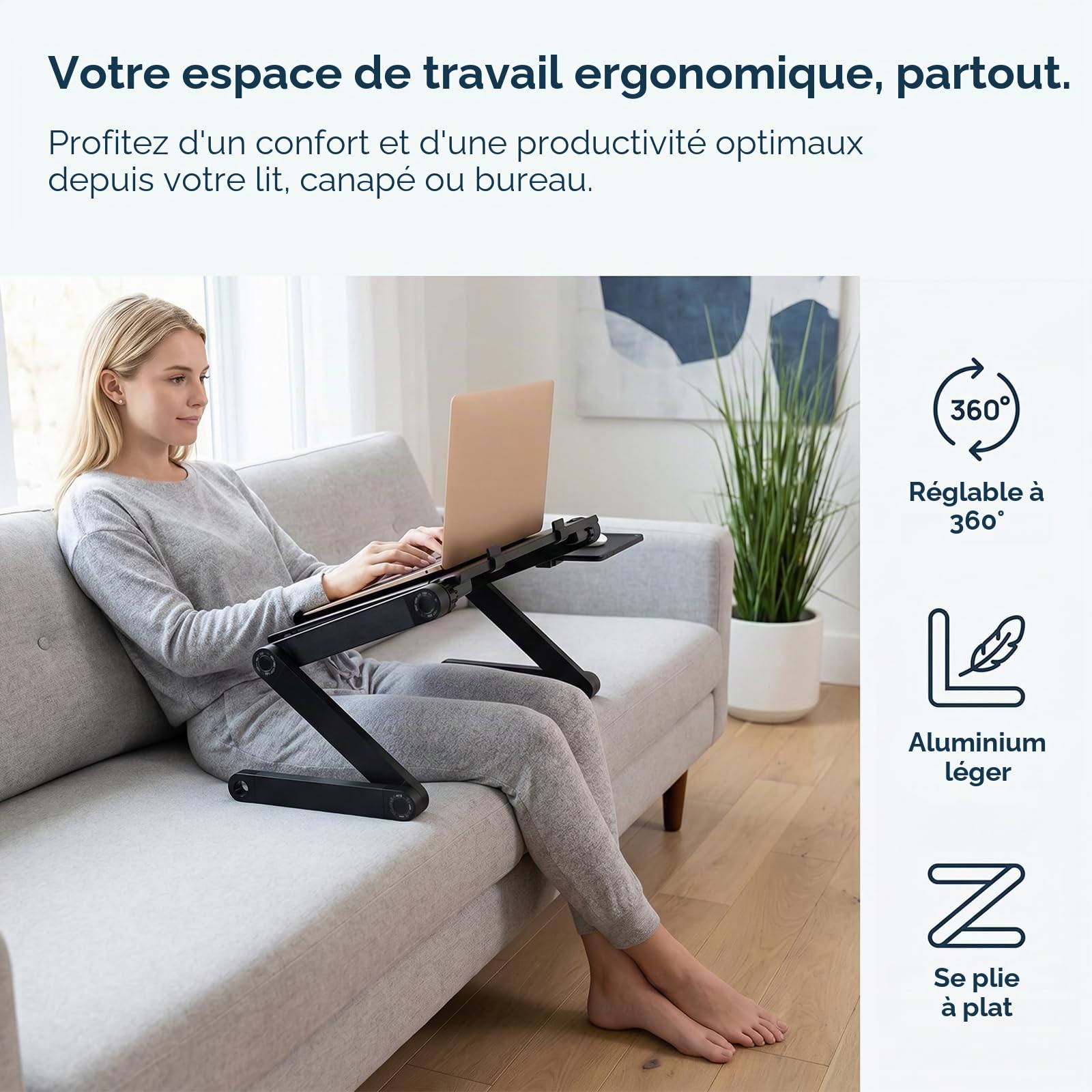 Ideal Swan Support Ordinateur Portable Table de Lit Pliable Support PC Portable Lit Plateau Support de Lecture Inclinable pour Canapé, Livre, Magazine et Petit Déjeuner - Noir